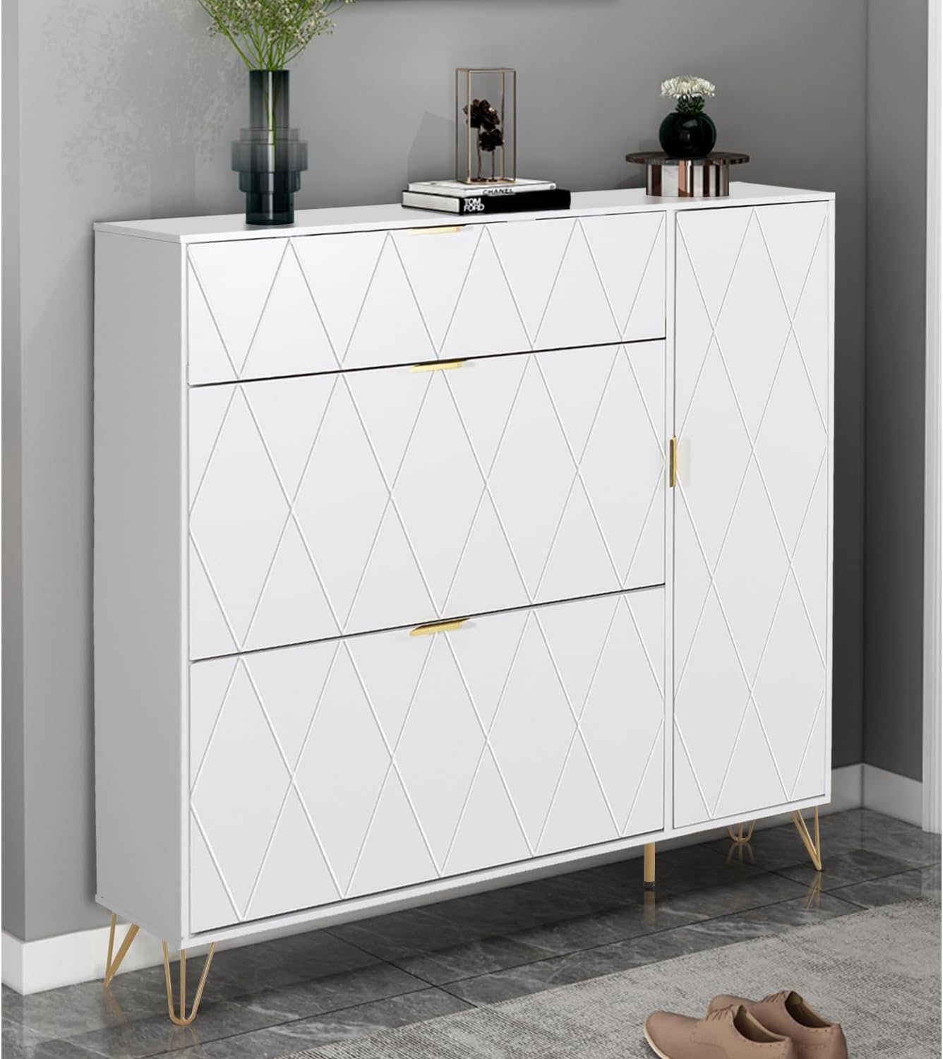 Shoes Storage Cabinet with 3 Flip Drawers and Storage Shelves