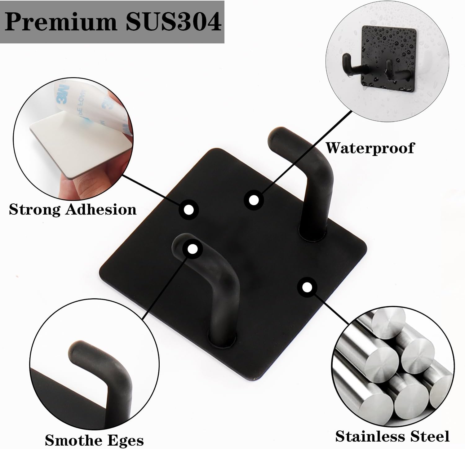 Razor Holder, Self Adhesive Towel Hooks for Bathroom, 6 Pack Stainless Steel Sticky Shower Razor Hook Waterproof Shaver Hanger Double Wall Hooks for Hanging Plug Loofah Robe(Matte Black)