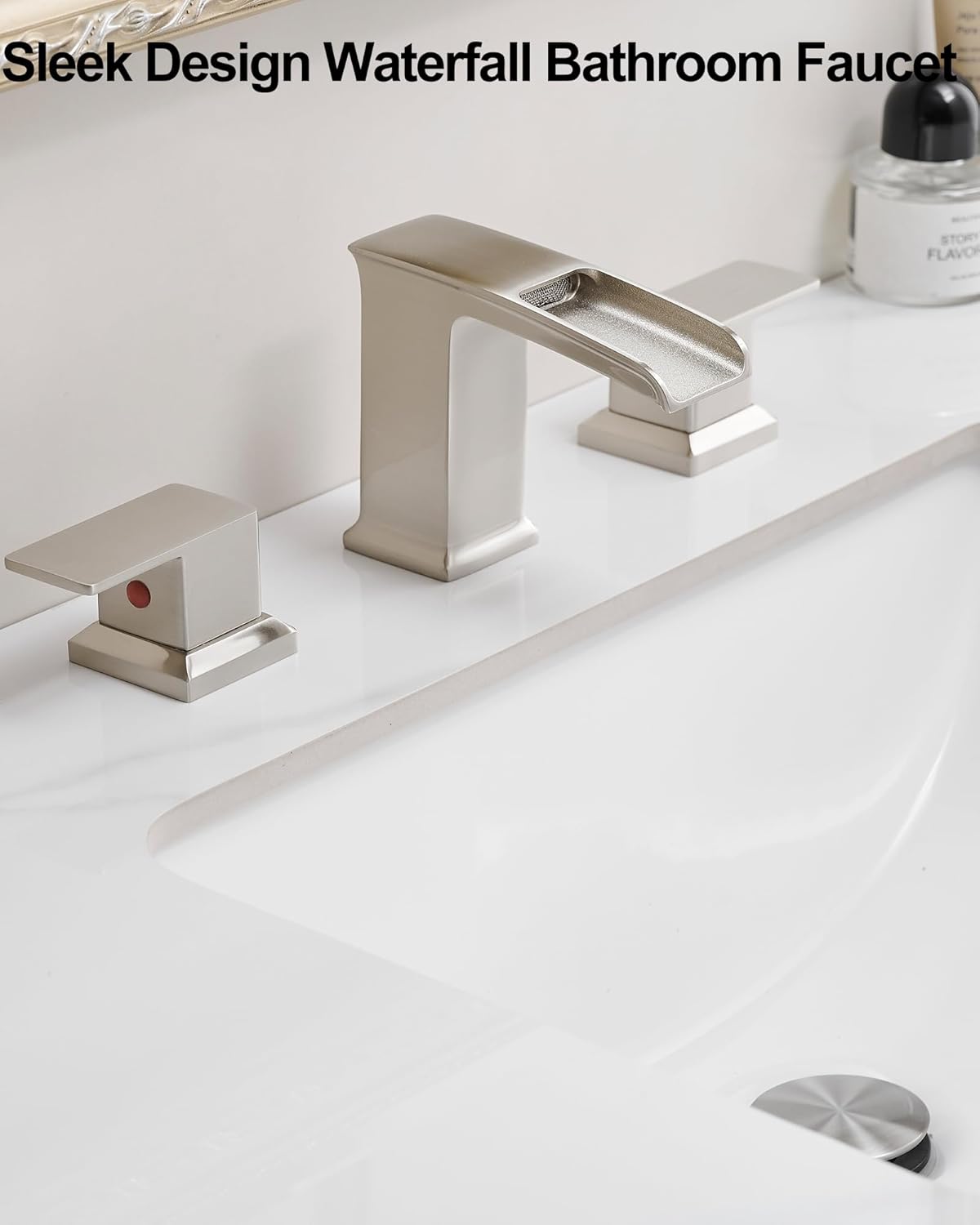 Bathroom Waterfall Faucet, Brass 4-16 Inch Brushed Nickel Faucet Bathroom Widespread 2 Handles Bathroom Sink Faucets 3 Hole with Hoses & Drain