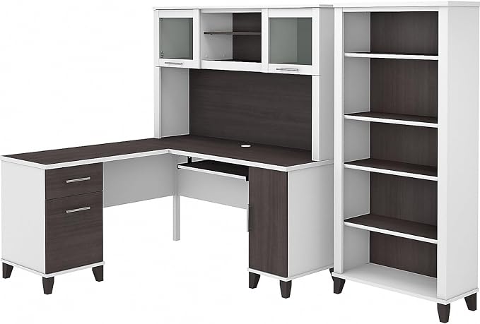 60W L Shaped Desk with Hutch and 5 Shelf Bookcase