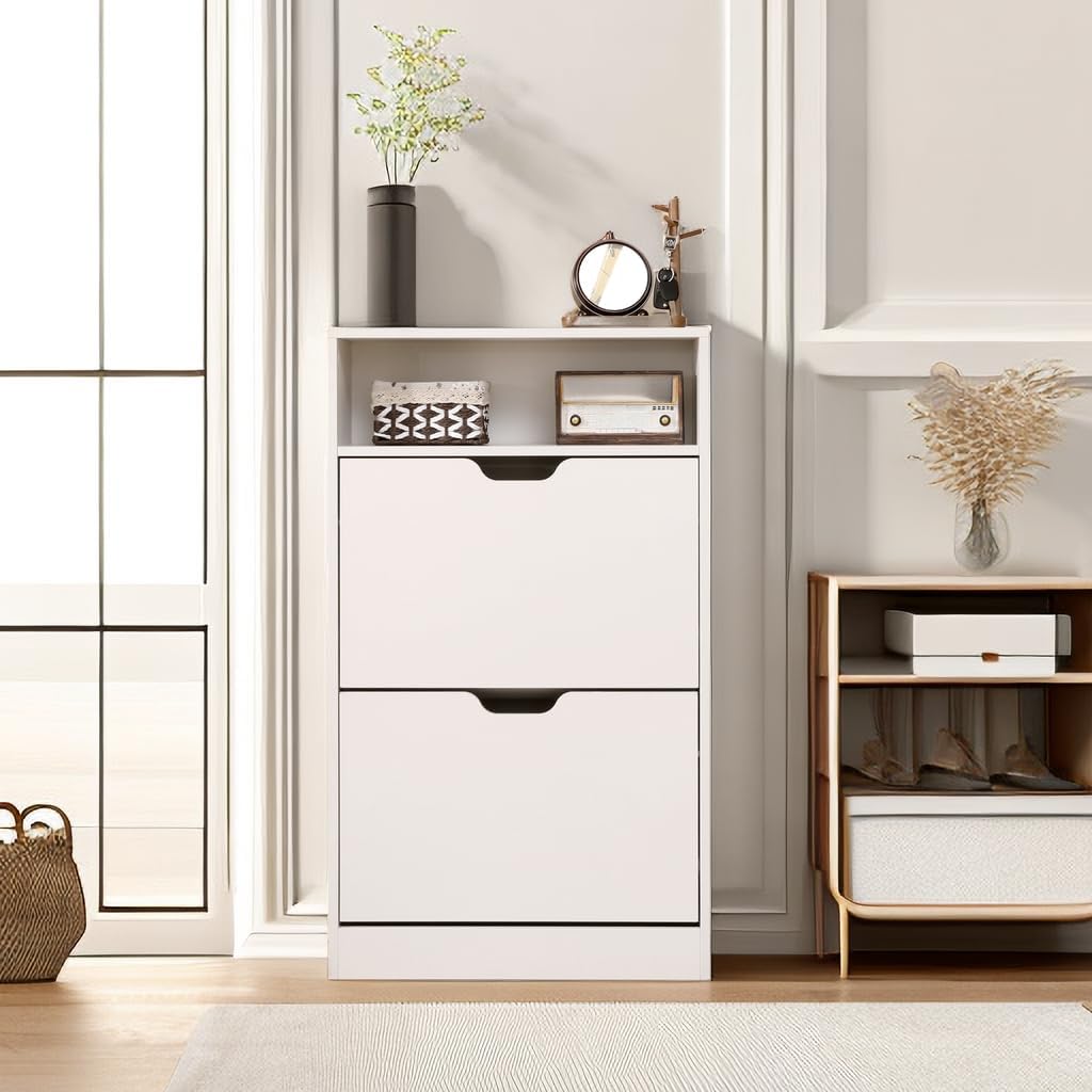 Shoe Cabinet with 2 Flip Drawers, White Freestanding Storage Rack