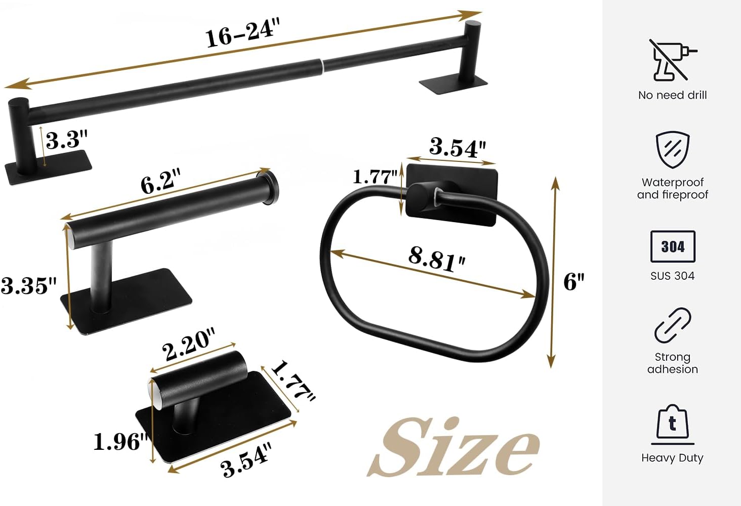 6 PCS Self Adhesive Bathroom Hardware Set, Stainless Steel Towel Rack Set - Adjustable 24In Bath Towel Bar+Toilet Paper Holder+3 Towel Hooks+Towel Ring Bathroom Accessory Kit(Matte Black)