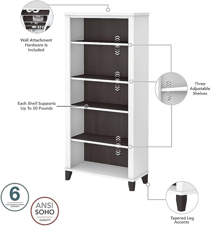 60W L Shaped Desk with Hutch and 5 Shelf Bookcase