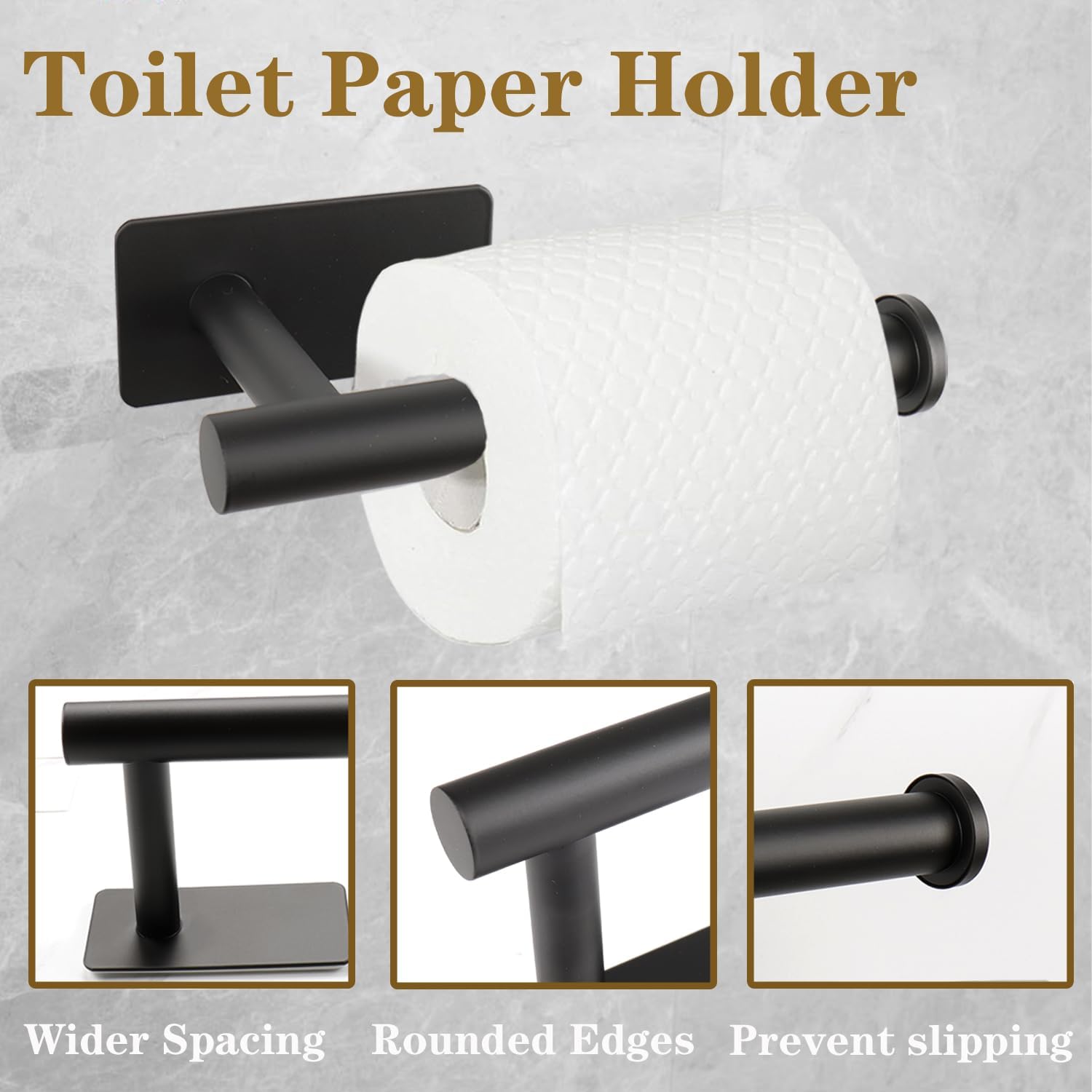 5 PCS Self Adhesive Bathroom Hardware Set, Stainless Steel Towel Rack Set Include 16In Bath Towel Bar+Toilet Paper Holder+3 Towel/Robe Hooks No Drill Bathroom Accessory Kit(Matte Black)