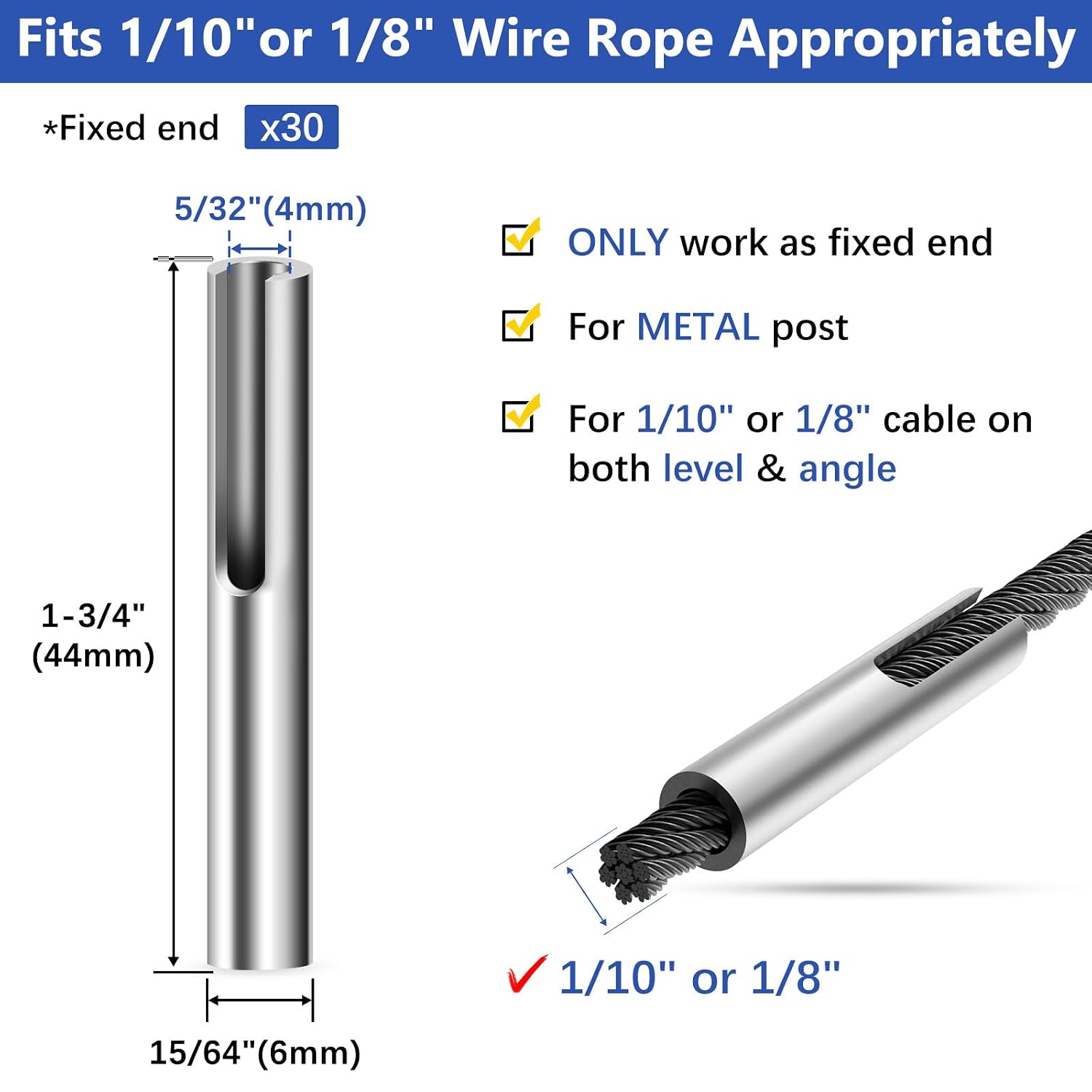 30Pack T316 Stainless Steel 1/10" 1/8" Adjustable Invisible Cable Railing Hardware Kit