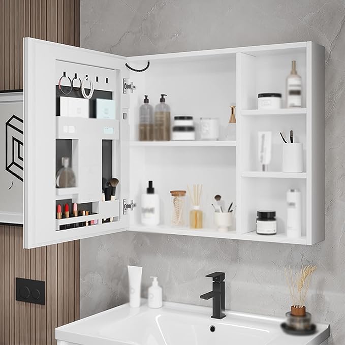 Bathroom Mirror Cabinet with Light White Wall-Mounted Mirror Cabinet