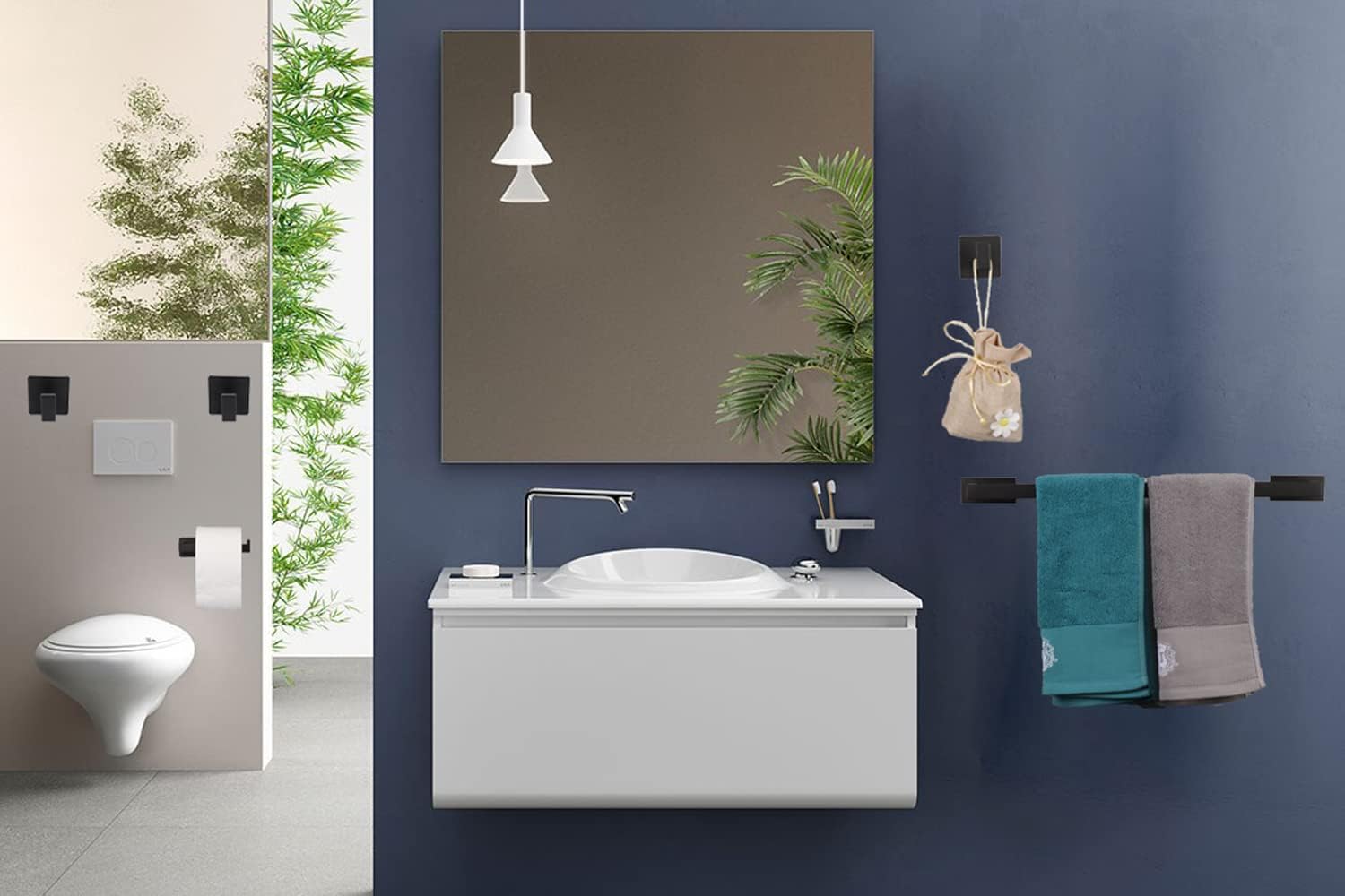 5 Pieces Self Adhesive Bathroom Hardware Set-SUS304 Stainless Steel-Towel Rack Set Include 24″Towel Bar+Toilet Paper Holder+3 Towel/Robe Hooks Bathroom Accessory Towel Bar Set (Black, 24 in)