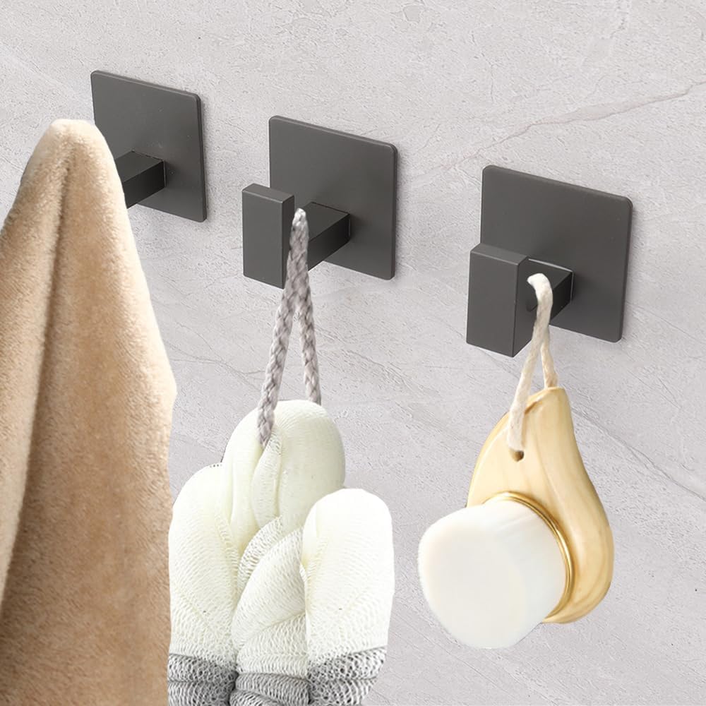 Bath Towel Hooks, 4 Pack Self Adhesive Square Coat Hooks, Sturdy No Drilling Robe Hook, Stainless Steel Heavy Duty Clothes Hanger, Wall Hooks for Bathroom Bedroom Kitchen (2 in, Grey)