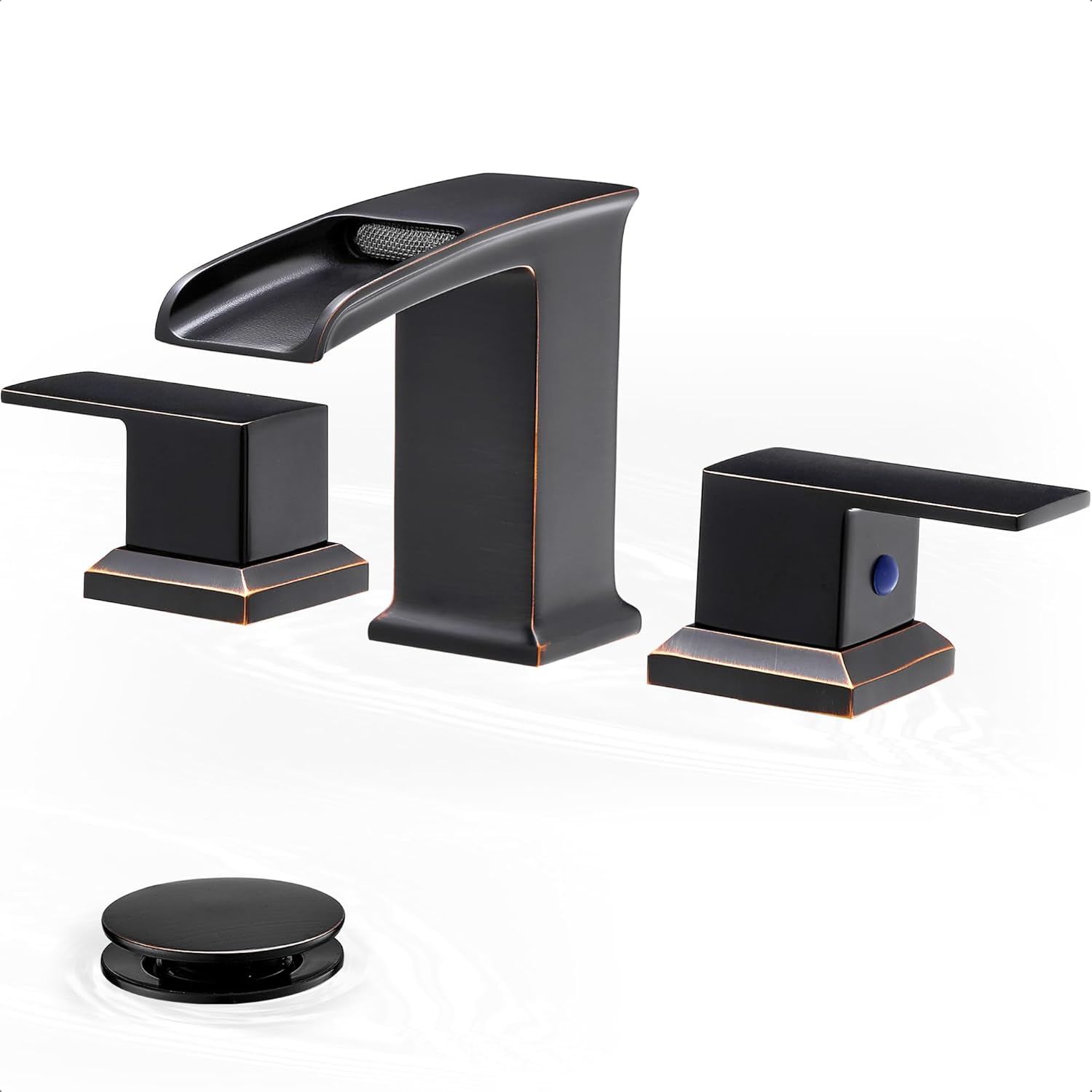 Brass Waterfall Faucet, 4-16 Inch Oil Rubbed Bronze Bathroom Faucet 2 Handles Widespread Bathroom Faucets 3 Hole, Bathroom Sink Faucet with Water Hoses & Pop-Up Drain for Lavatory Farmhouse