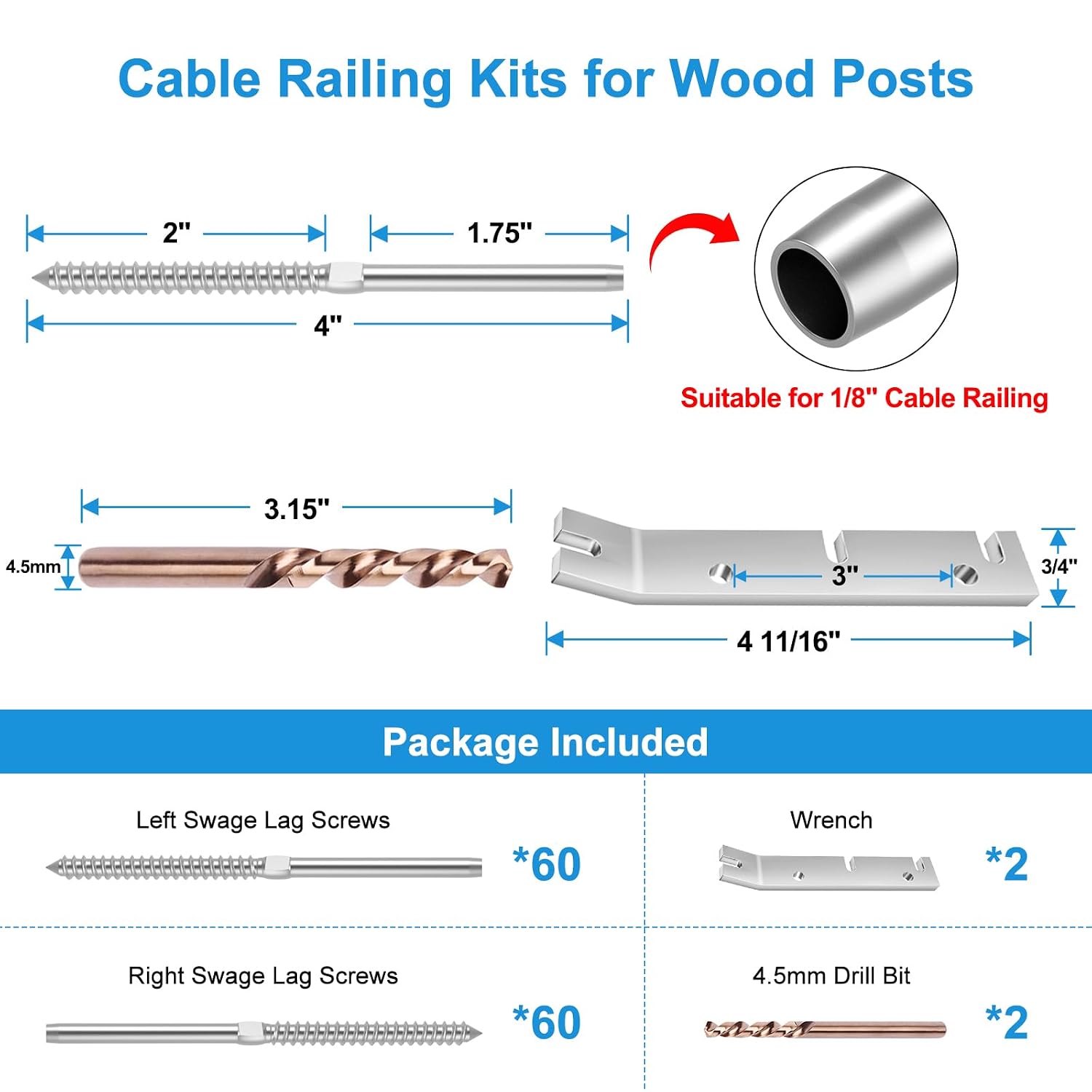 120Pack 1/8" Cable Railing Kit Swage Lag Screws for Wood Post