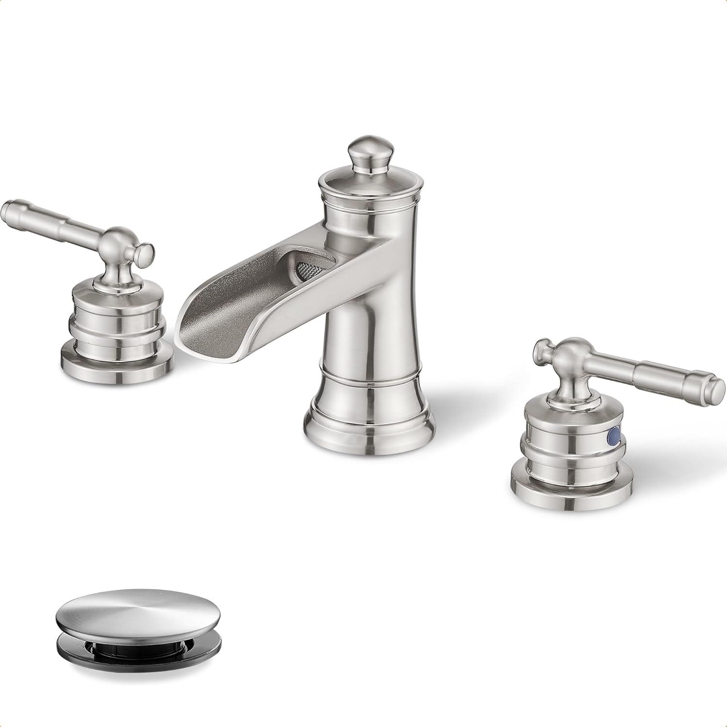4-16 Inch Widespread Bathroom Faucet Brushed Nickel, Brass Waterfall Faucet for Bathroom Sink, 2 Handles Bath Faucet Bathroom Sink Faucets with Water Hose & Pop-Up Drain Saving Water Modern