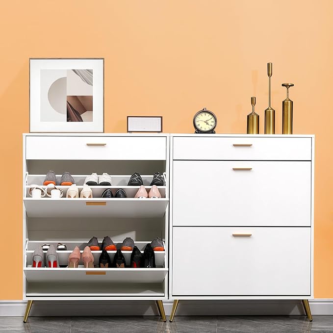 Shoe Cabinet with Metal Legs for Entryway, White Freestanding Storage Rack