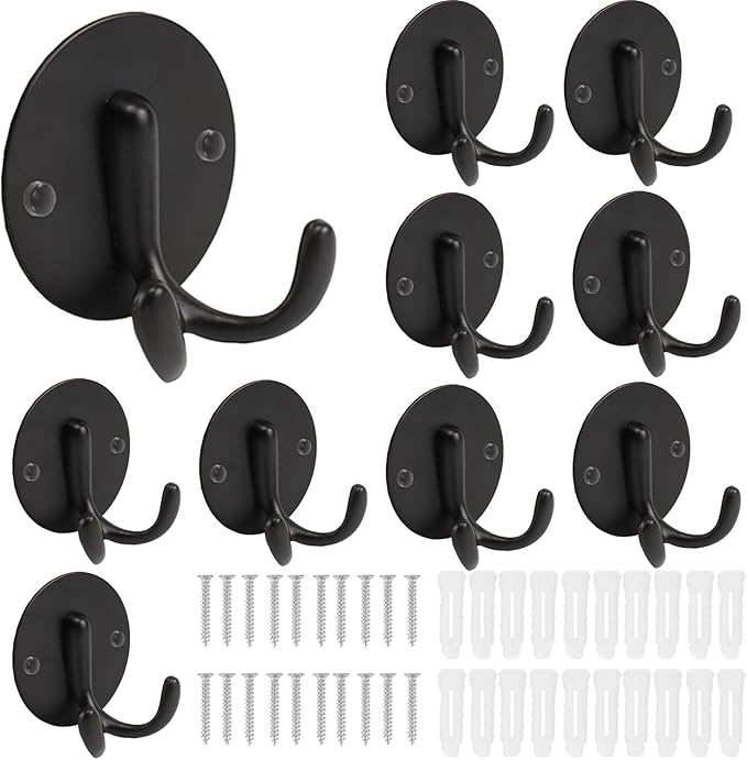 Bath Towel Hooks, 10 Pack Double Strong Coat Hooks, Sturdy Wall Mounted Robe Hook, SUS 304 Stainless Steel Heavy Duty Towel Hanger, Wall Hooks for Bathroom Bedroom Kitchen (3 in, Black)