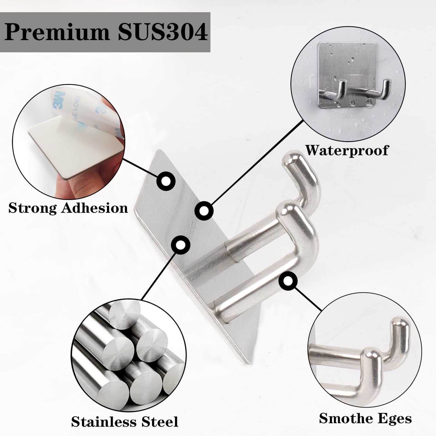 Razor Holder, Self Adhesive Towel Hooks for Bathroom, 4 Pack Stainless Steel Sticky Shower Razor Hook Waterproof Shaver Hanger Double Wall Hooks for Hanging Plug Loofah Robe(Brushed Nickel)