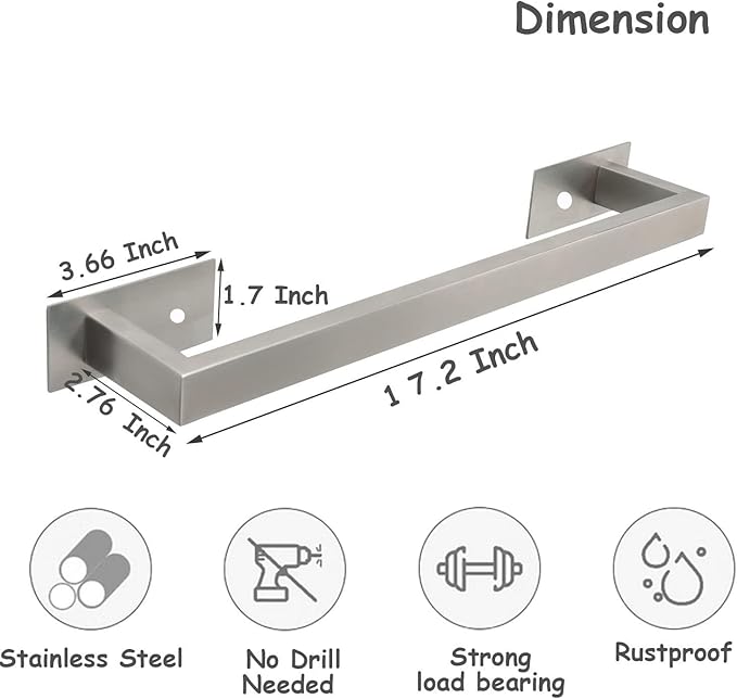 Bathroom Towel Bar Self Adhesive, No Drilling Towel Rack Easy to Install, Hand Towel Holder Made of Premium Stainless Steel Sticky on Hand Towel Hanger for Kitchen, Toilet.(18IN, Brushed)