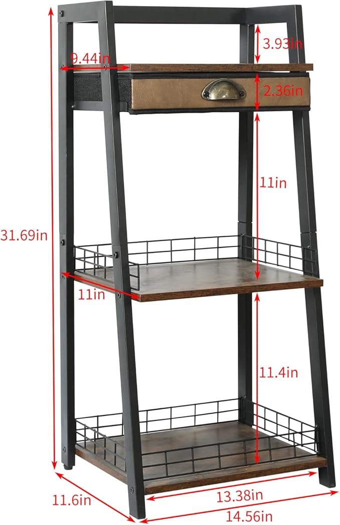 3-Tier Bathroom Ladder Shelf, Bathroom Floor Storage Shelf with Drawer, Freestanding Tower Shelf