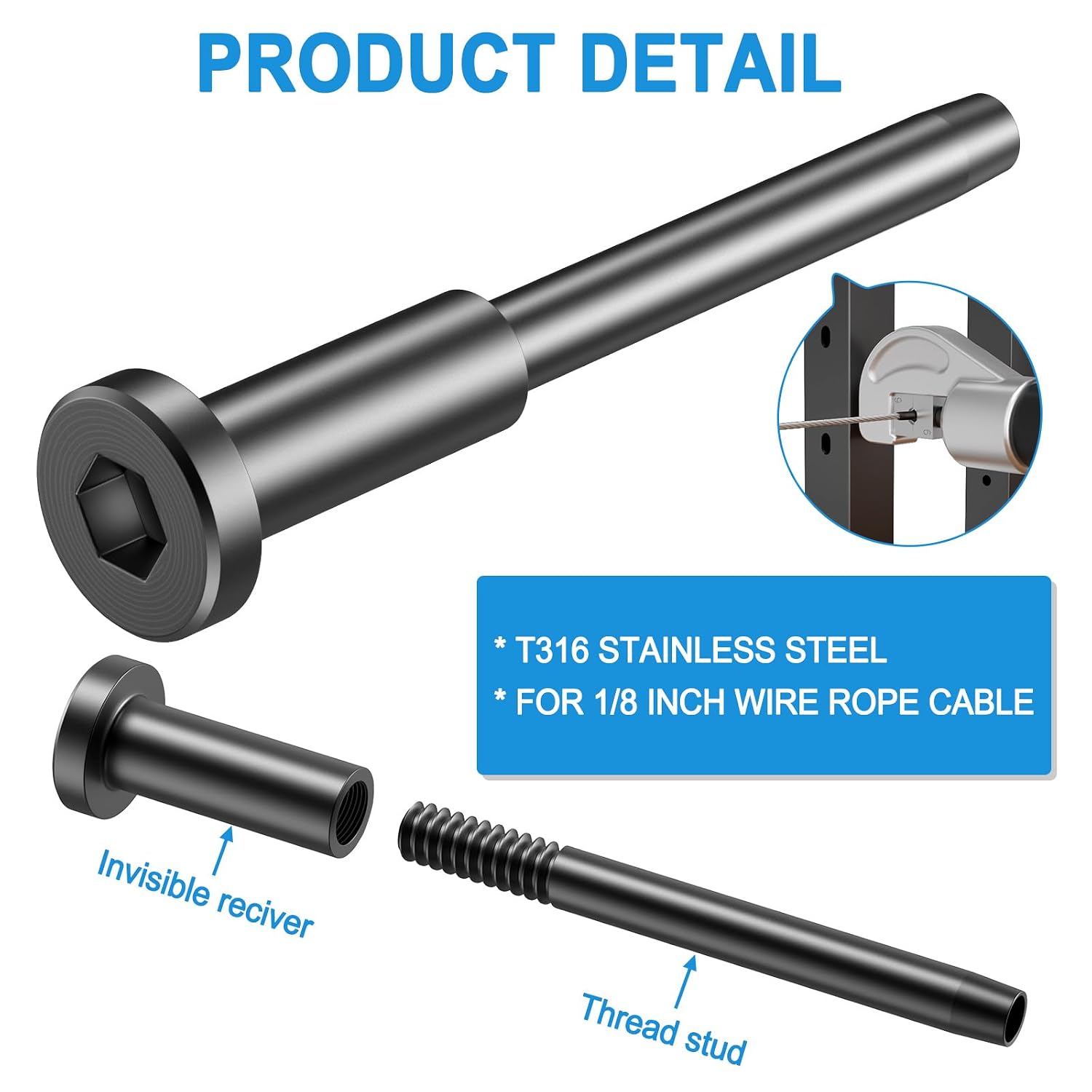 50 Pack 1/8" T316 Stainless Steel Invisible Cable Railing Kits
