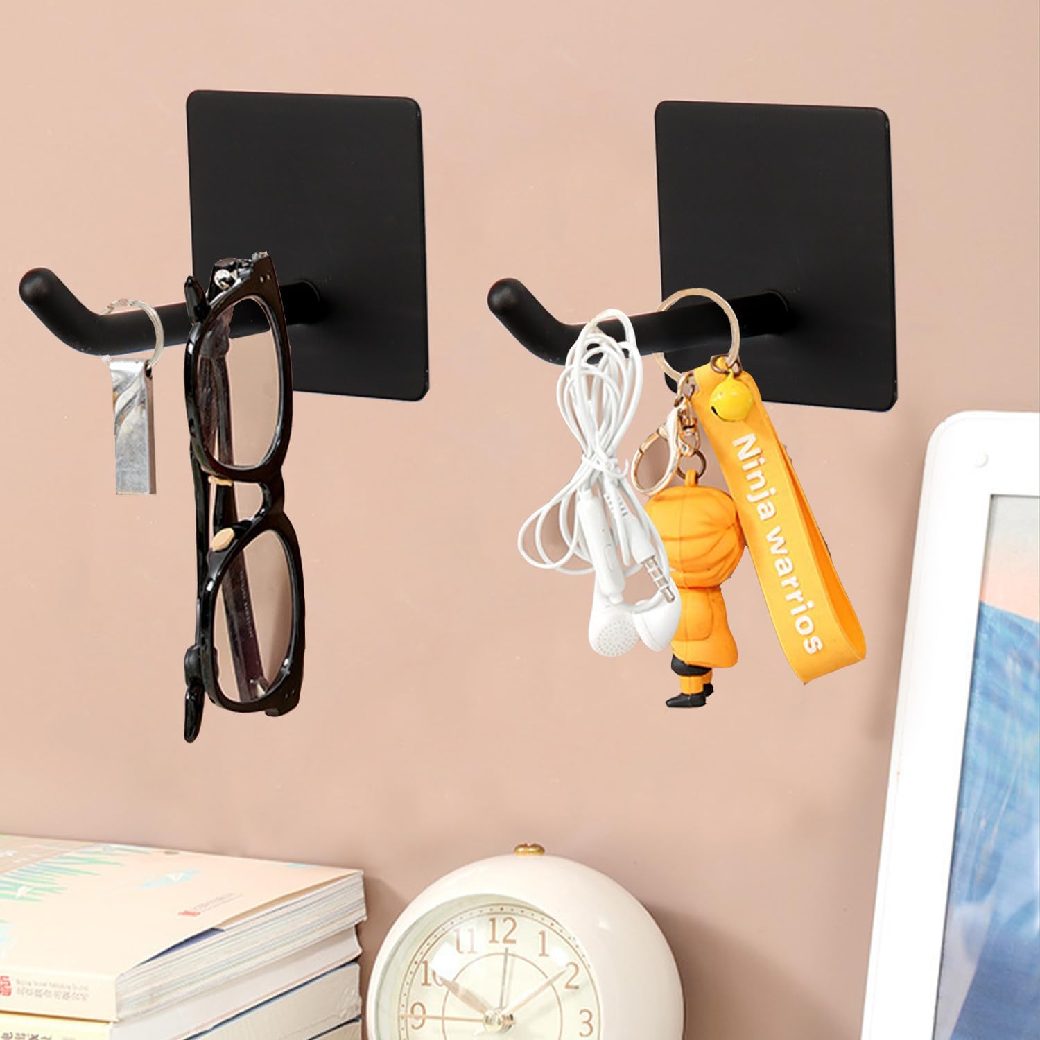 Bath Towel Hooks - 6 Pack Long Self Adhesive Coat/Clothes Hooks, No Drilling Strong Sticky Hooks, Heavy Duty 304 Stainless Steel Shower Wall Hook for Bathroom Kitchen Bedroom(Matte Black)