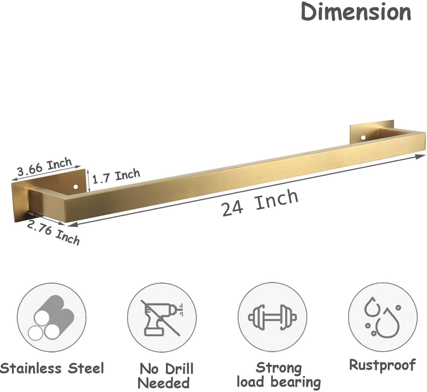 Bathroom Towel Bar Self Adhesive, No Drilling Towel Rack Easy to Install,Hand Towel Holder Made of Premium Stainless Steel Sticky on Hand Towel Hanger for Kitchen, Toilet.(24IN, Gold)