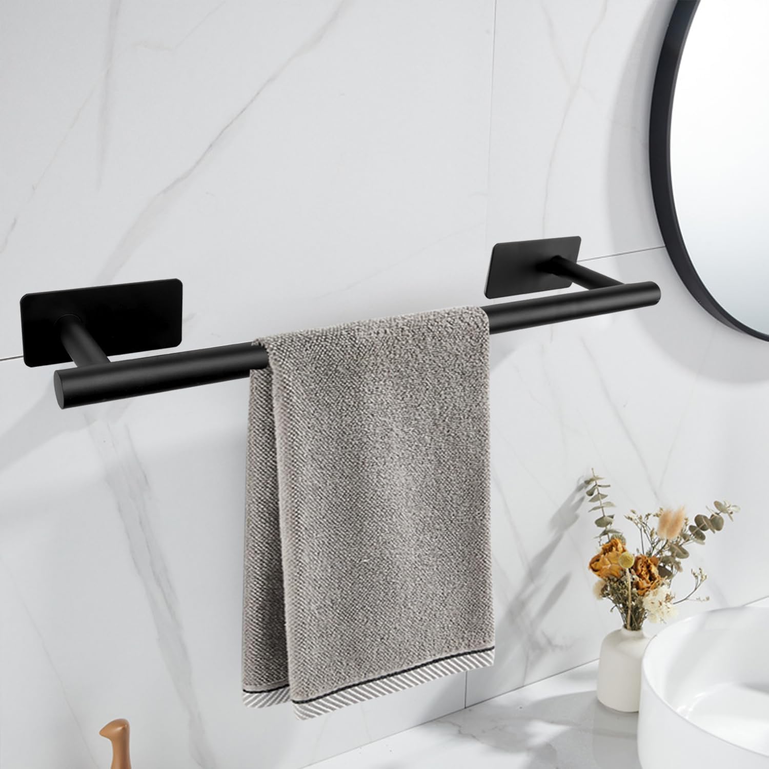Self Adhesive Bath Towel Bar, Stainless Steel Towel Racks for Bathroom No Drilling Heavy Duty Towel Holder Stick on Wall Sturdy and Rustproof Towel Hanger for Bathroom(Matte Black,16In)