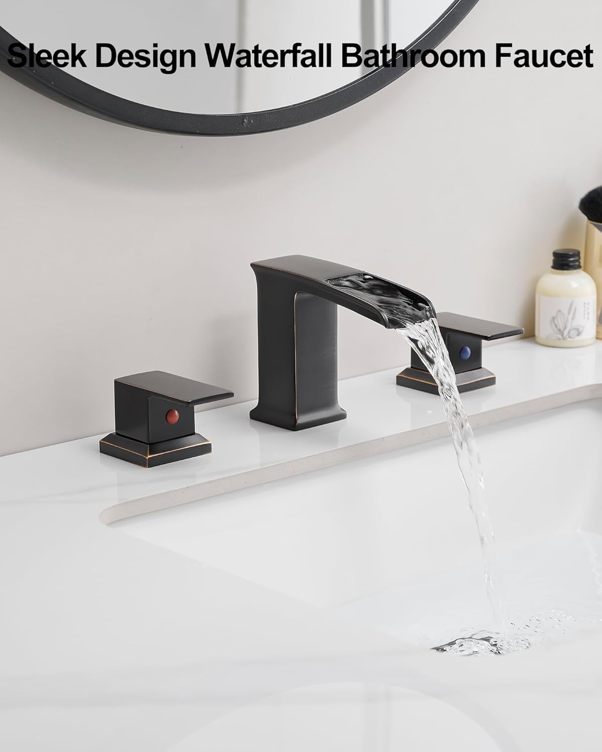 Brass Waterfall Faucet, 4-16 Inch Oil Rubbed Bronze Bathroom Faucet 2 Handles Widespread Bathroom Faucets 3 Hole, Bathroom Sink Faucet with Water Hoses & Pop-Up Drain for Lavatory Farmhouse