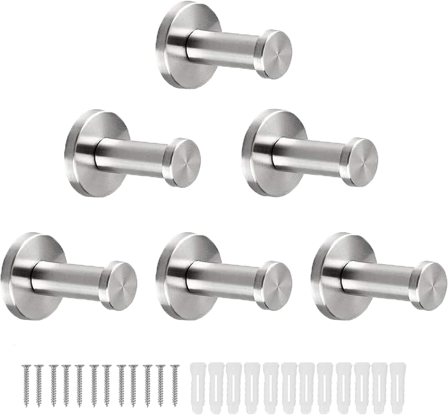 Bathroom Towel Hooks, 6 Pack Round Coat Hooks, Sturdy Wall Mounted Robe Hook, SUS 304 Stainless Steel Heavy Duty Clothes Hanger, Wall Towel Hooks for Bathroom Bedroom Kitchen (Brushed)