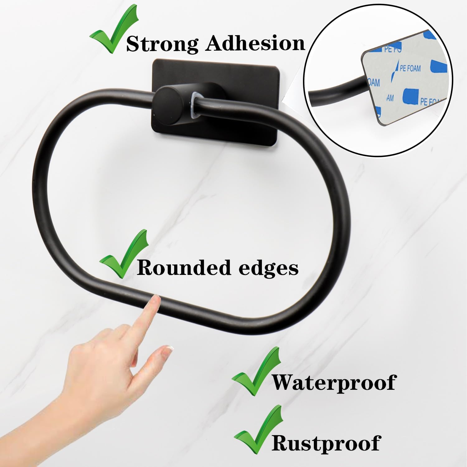Oval Towel Ring, Strong Self Adhesive Hand Towel Holder, Thicken SUS304 Stainless Steel Stick Hand Towel Rack, No Drilling Wall Modern Hand Towel Hanger for Bathroom Kitchen(Matte Black)