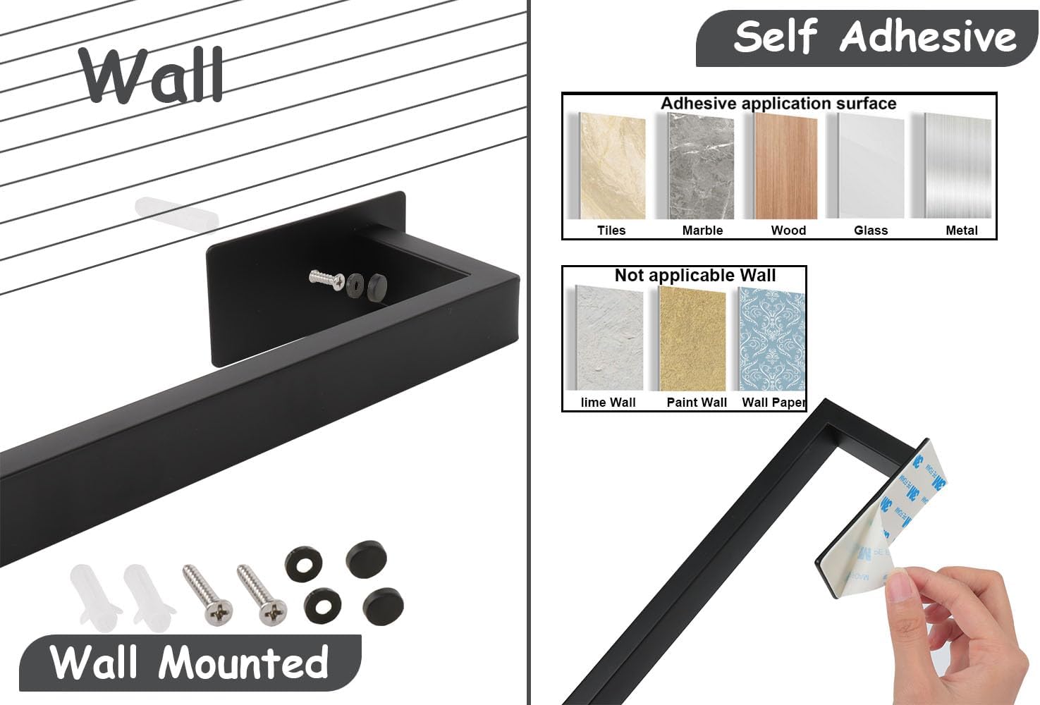 5 Pieces Self Adhesive Bathroom Hardware Set-SUS304 Stainless Steel-Towel Rack Set Include 24″Towel Bar+Toilet Paper Holder+3 Towel/Robe Hooks Bathroom Accessory Towel Bar Set (Black, 24 in)