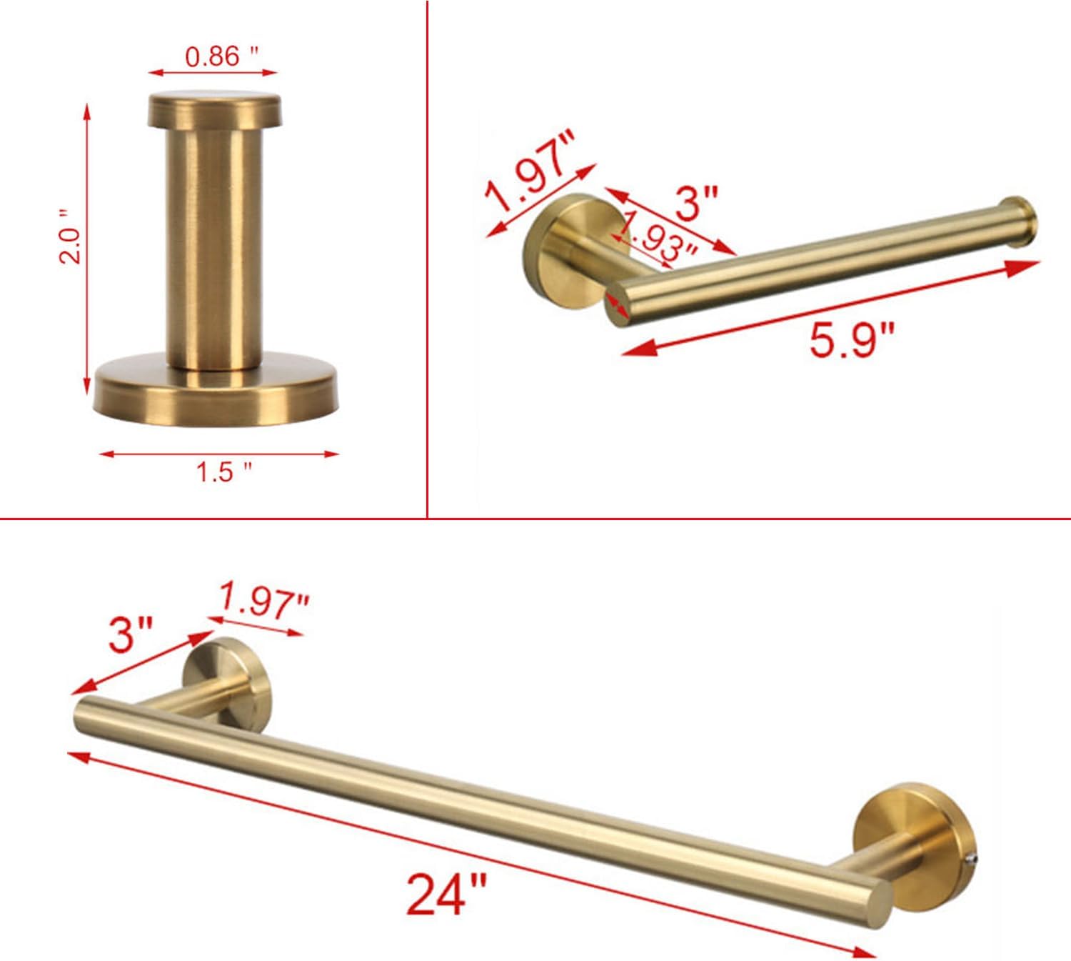 6 Pieces Bathroom Hardware Set 304 Stainless Steel-Towel Rack Set Include Hand Towel Bar+Toilet Paper Holder+4 Robe Towel Hooks Bathroom Accessory Towel Bar Set (Gold, 24IN)