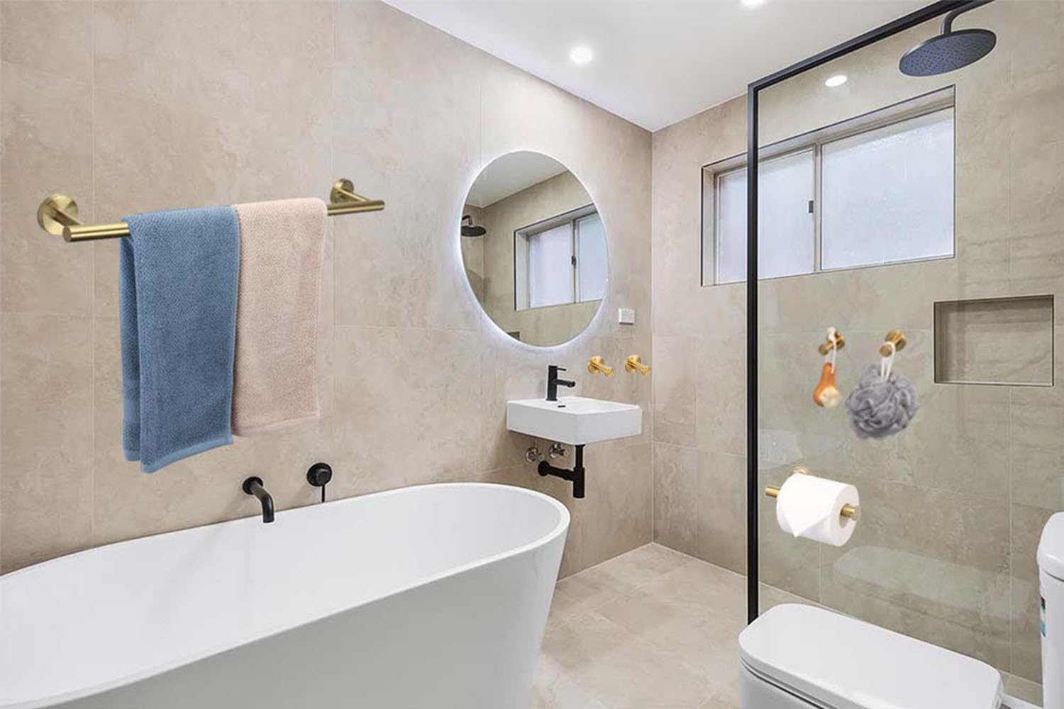 6 Pieces Bathroom Hardware Set 304 Stainless Steel-Towel Rack Set Include Hand Towel Bar+Toilet Paper Holder+4 Robe Towel Hooks Bathroom Accessory Towel Bar Set (Gold, 24IN)