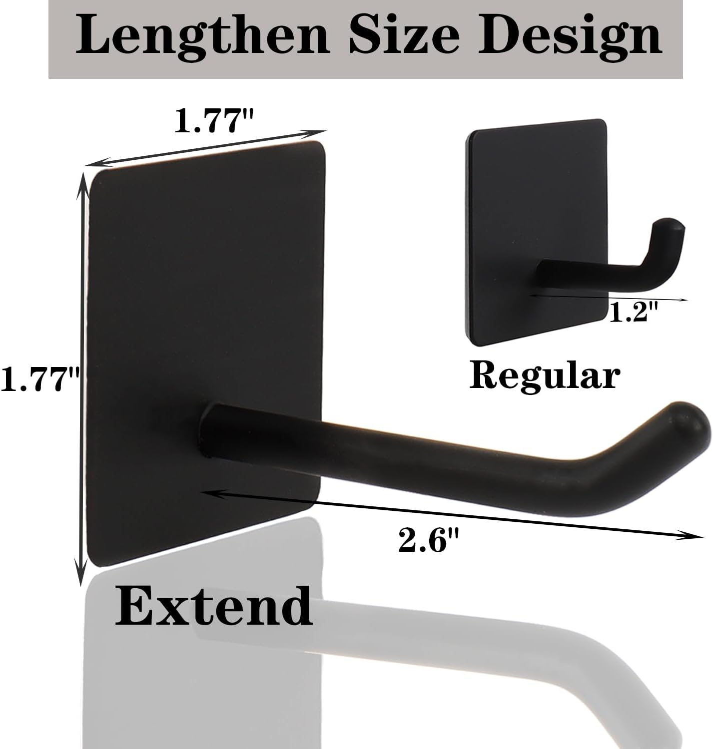 Bath Towel Hooks - 6 Pack Long Self Adhesive Coat/Clothes Hooks, No Drilling Strong Sticky Hooks, Heavy Duty 304 Stainless Steel Shower Wall Hook for Bathroom Kitchen Bedroom(Matte Black)