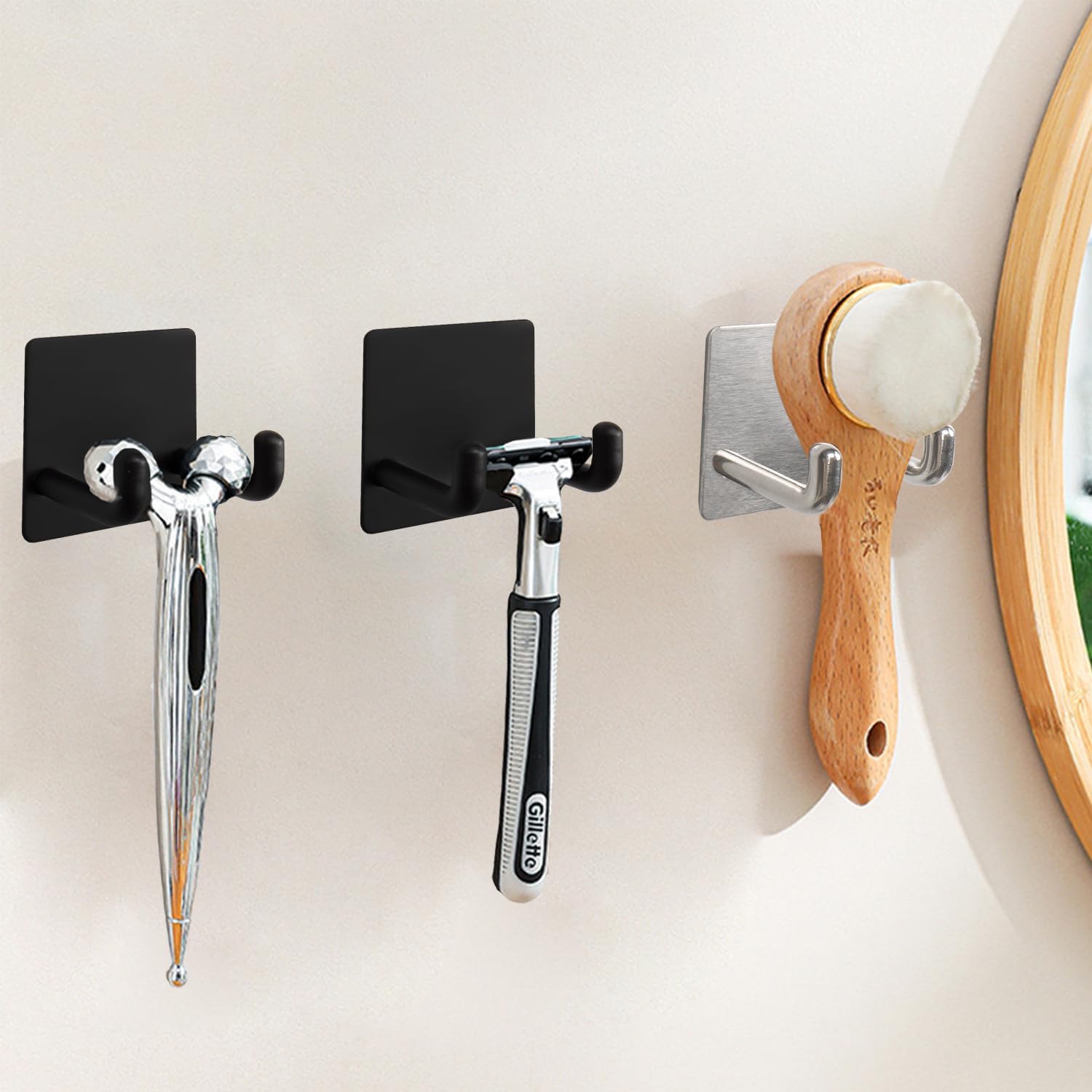 Razor Holder, Self Adhesive Towel Hooks for Bathroom, 6 Pack Stainless Steel Sticky Shower Razor Hook Waterproof Shaver Hanger Double Wall Hooks for Hanging Plug Loofah Robe(Matte Black)