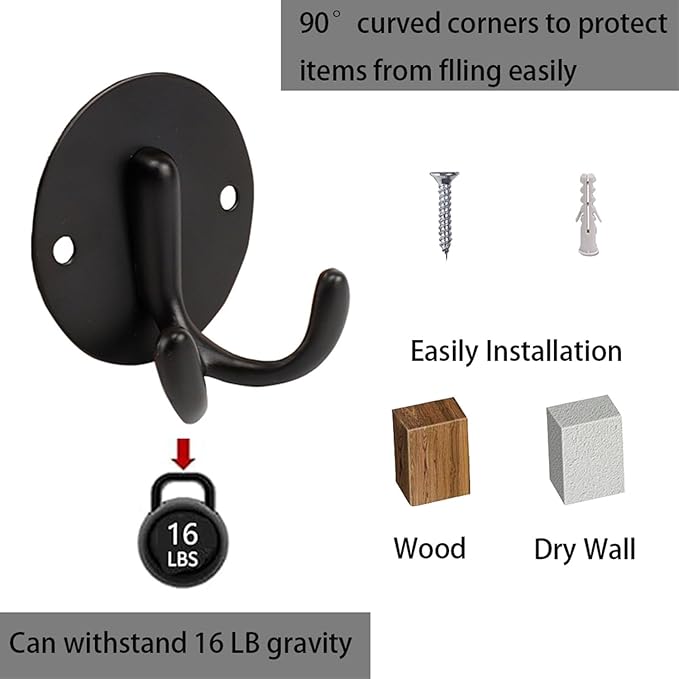 Bath Towel Hooks, 10 Pack Double Strong Coat Hooks, Sturdy Wall Mounted Robe Hook, SUS 304 Stainless Steel Heavy Duty Towel Hanger, Wall Hooks for Bathroom Bedroom Kitchen (3 in, Black)