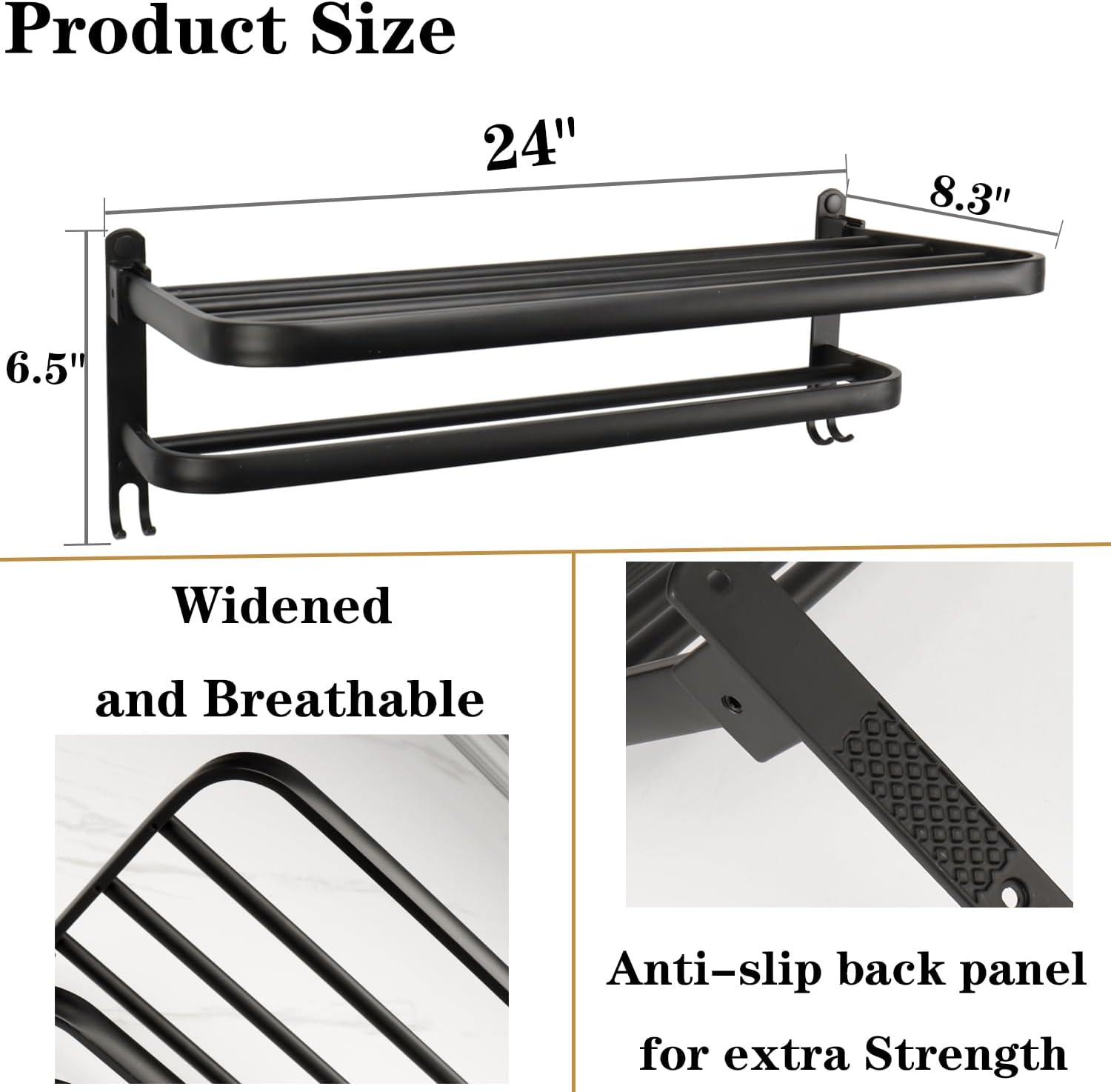 Towel Rack for Bathroom, Bath Towel Holder with Double Towel Bar and Foldable Towel Shelf, Rustproof Towel Organizer Wall Mounted Towel Storage Hanger (24In Black)