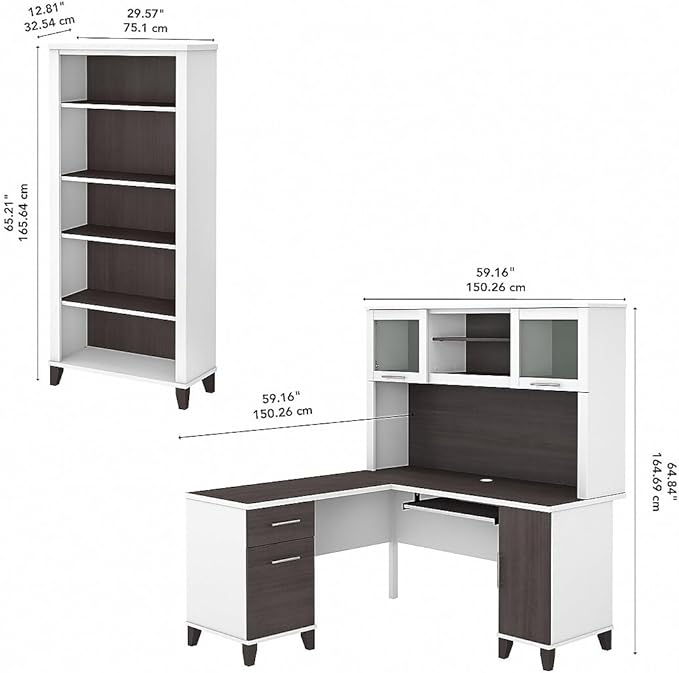 60W L Shaped Desk with Hutch and 5 Shelf Bookcase