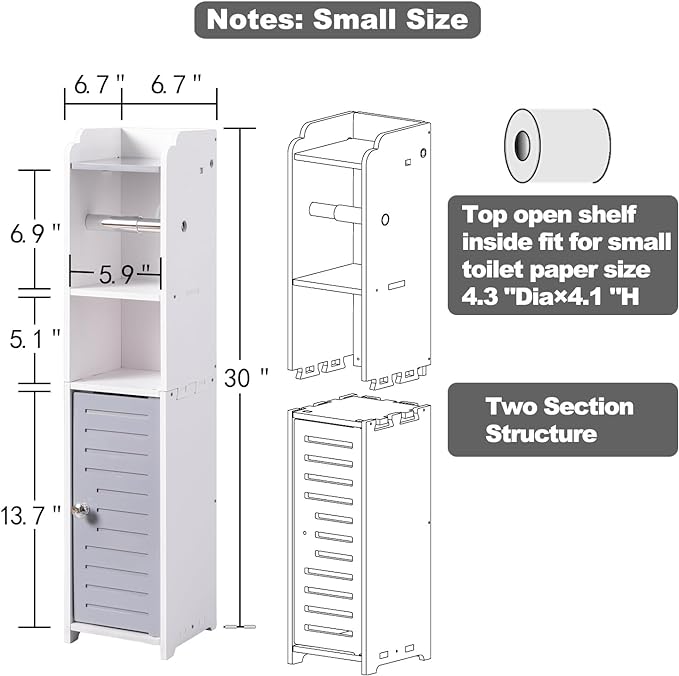 Toilet Paper Holder Stand: Small Bathroom Storage Cabinet - Light Grey - White