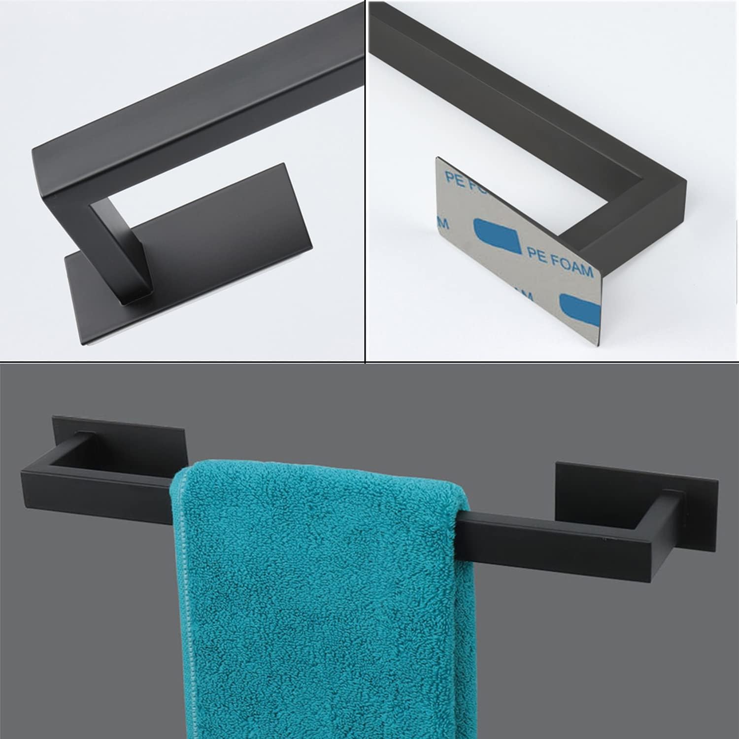 5 Pieces Self Adhesive Bathroom Hardware Set-SUS304 Stainless Steel-Towel Rack Set Include 16″Towel Bar+Toilet Paper Holder+3 Towel/Robe Hooks Bathroom Accessory (Matte Black, 16 in)