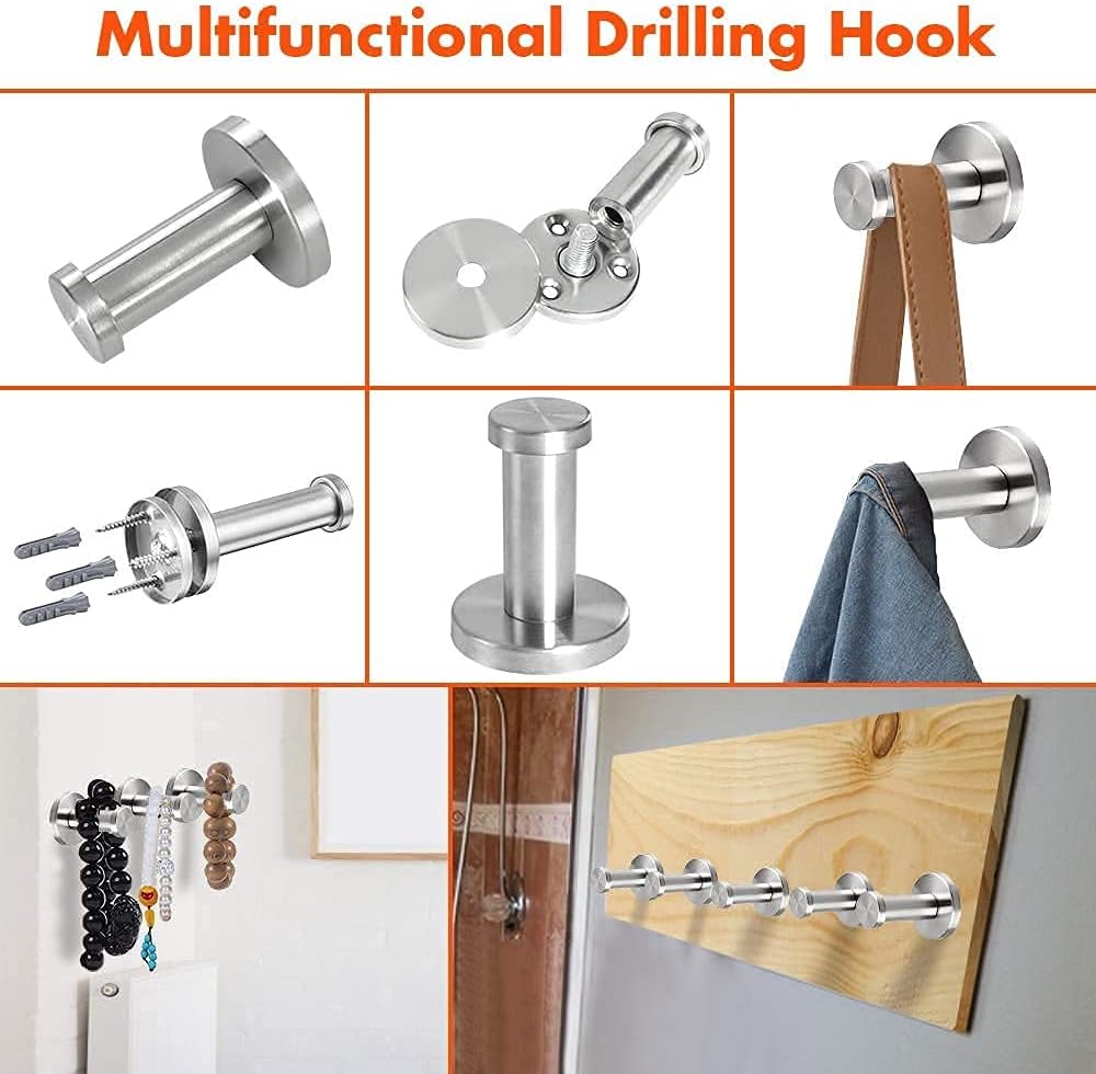 Bathroom Towel Hooks, 6 Pack Round Coat Hooks, Sturdy Wall Mounted Robe Hook, SUS 304 Stainless Steel Heavy Duty Clothes Hanger, Wall Towel Hooks for Bathroom Bedroom Kitchen (Brushed)