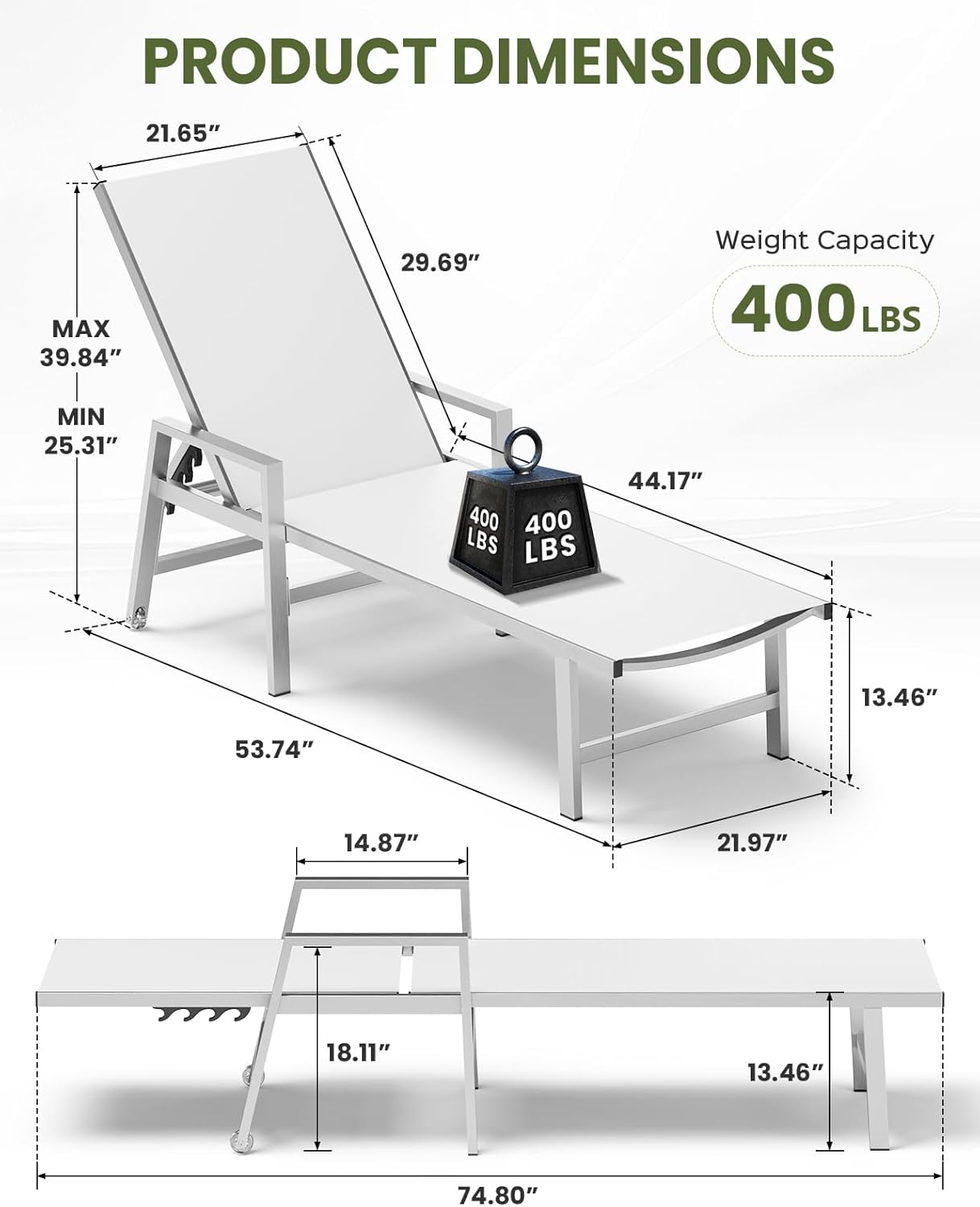 Patio Chaise Lounge Outdoor with Wheels&Armrests