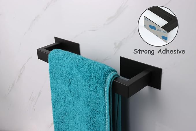 Bathroom Towel Bar Self Adhesive, No Drilling Towel Rack Easy to Install,Hand Towel Holder Made of Premium Stainless Steel Sticky on Hand Towel Hanger for Kitchen, Toilet(12IN, Black)