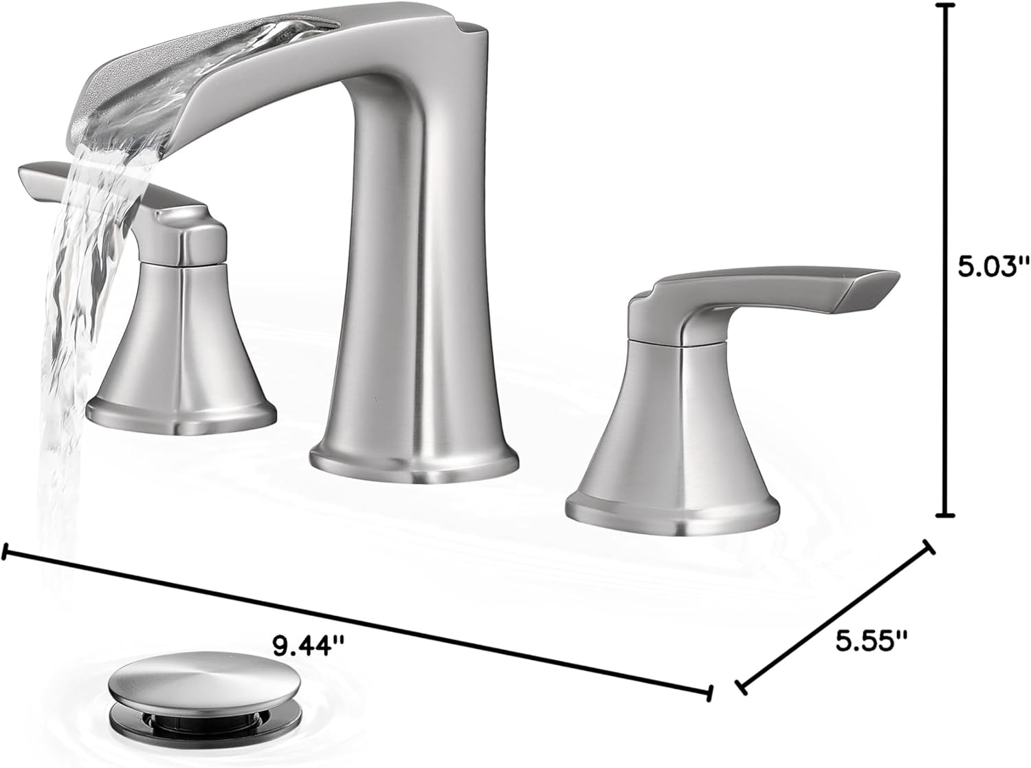 Brushed Nickel Bathroom Faucets, Brass Widespread Waterfall Faucet for Bathroom Sink, 3 Hole Bathroom Sink Faucet, 4-16 Inch 2 Handle Bathroom Vanity Faucets with Pop-up Drain for Lavatory RV