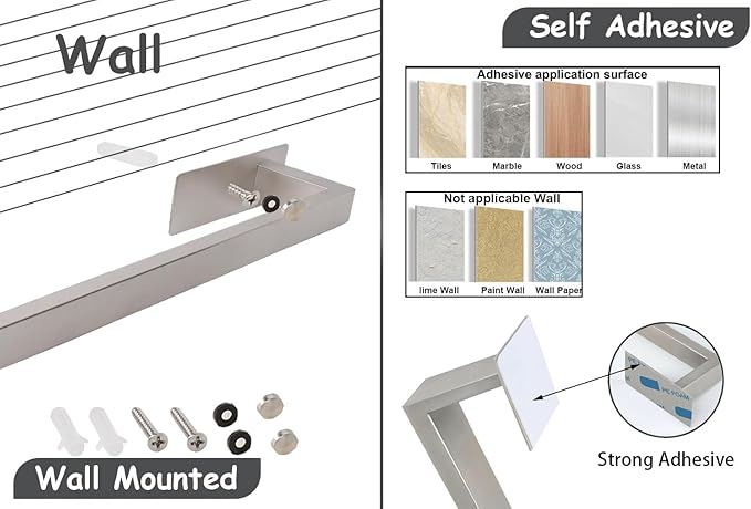 Bathroom Towel Bar Self Adhesive, No Drilling Towel Rack Easy to Install, Hand Towel Holder Made of Premium Stainless Steel Sticky on Hand Towel Hanger for Kitchen, Toilet.(18IN, Brushed)