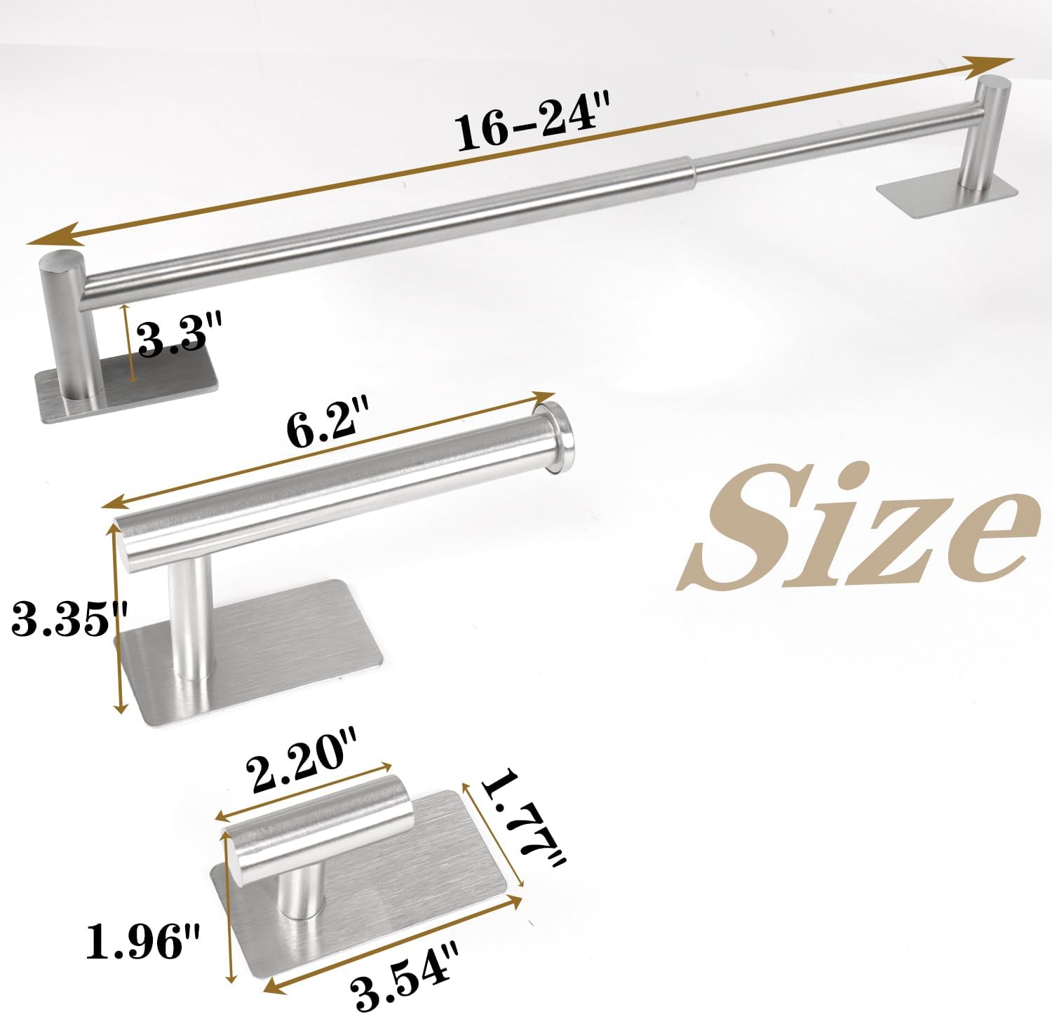 5 PCS Self Adhesive Bathroom Hardware Set, Stainless Steel Towel Rack Set Include Adjustable 24In Bath Towel Bar+Toilet Paper Holder+3 Towel/Robe Hooks Bathroom Accessory Kit(Brushed Nickel)