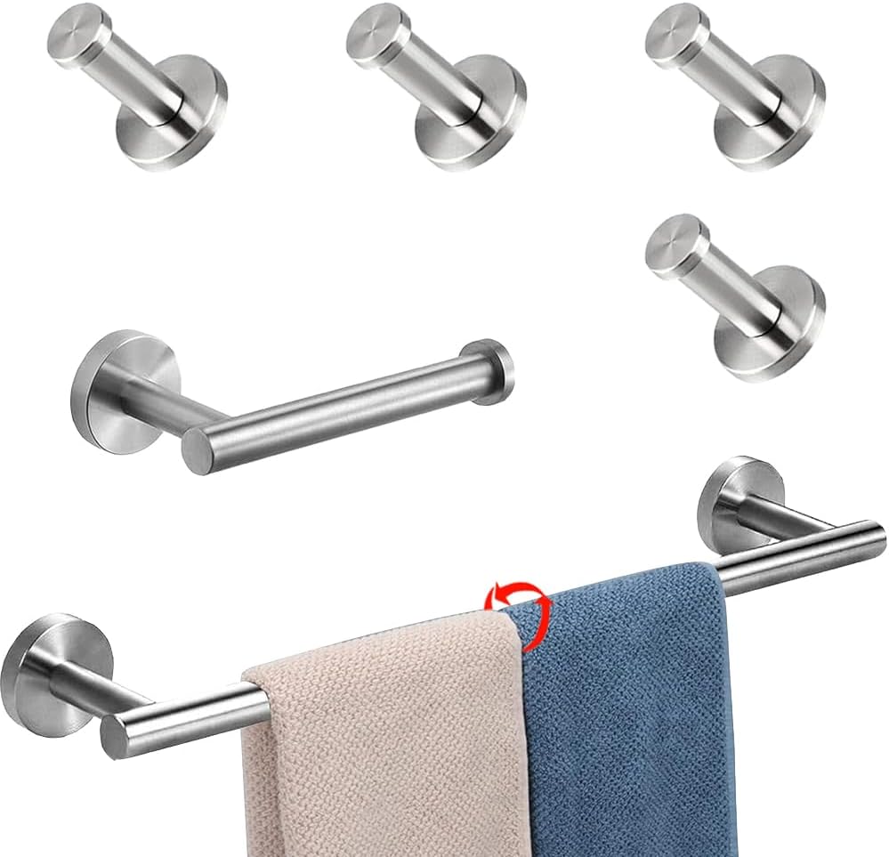 6 Pieces Bathroom Hardware Set 304 Stainless Steel-Towel Rack Set Include Hand Towel Bar+Toilet Paper Holder+4 Robe Towel Hooks Bathroom Accessory Towel Bar Set (Brushed, 24IN)