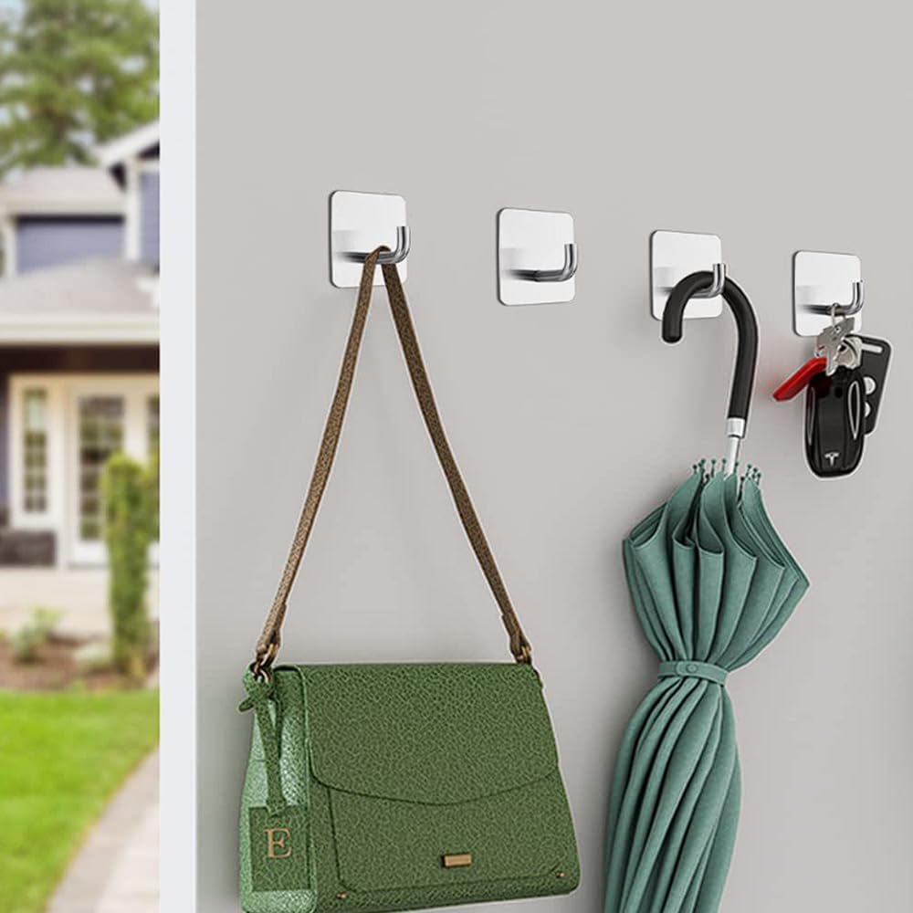 Bath Towel Hooks - 6 Pack Strong Self Adhesive Coat/Clothes Hooks, No Drilling Sticky Hooks, Heavy Duty 304 Stainless Steel Shower Wall Hook for Bathroom Kitchen Bedroom(Brushed Nickel)