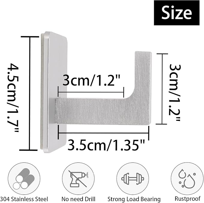 Bath Towel Hooks, 6 Pack Self Adhesive Square Coat Hooks, Sturdy No Drilling Robe Hook, Stainless Steel Heavy Duty Clothes Hanger, Wall Hooks for Bathroom Bedroom Kitchen (2 in, Silver)