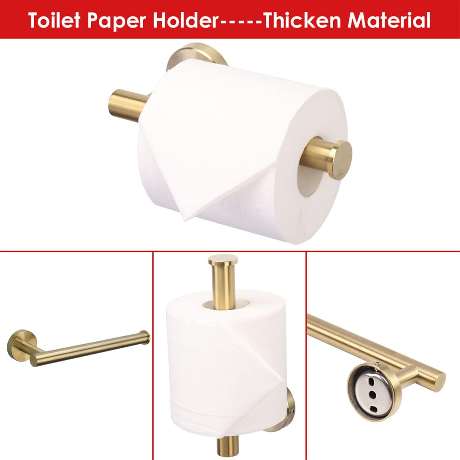 6 Pieces Bathroom Hardware Set 304 Stainless Steel-Towel Rack Set Include Hand Towel Bar+Toilet Paper Holder+4 Robe Towel Hooks Bathroom Accessory Towel Bar Set (Gold, 24IN)