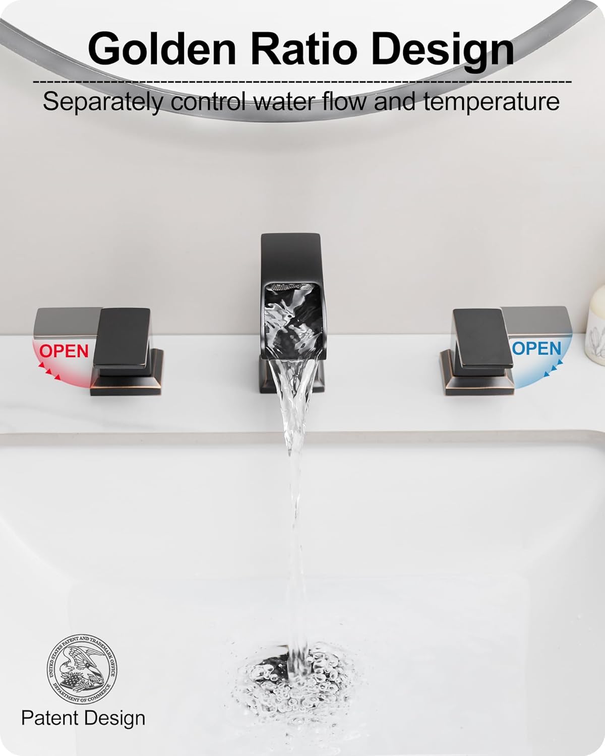 Brass Waterfall Faucet, 4-16 Inch Oil Rubbed Bronze Bathroom Faucet 2 Handles Widespread Bathroom Faucets 3 Hole, Bathroom Sink Faucet with Water Hoses & Pop-Up Drain for Lavatory Farmhouse