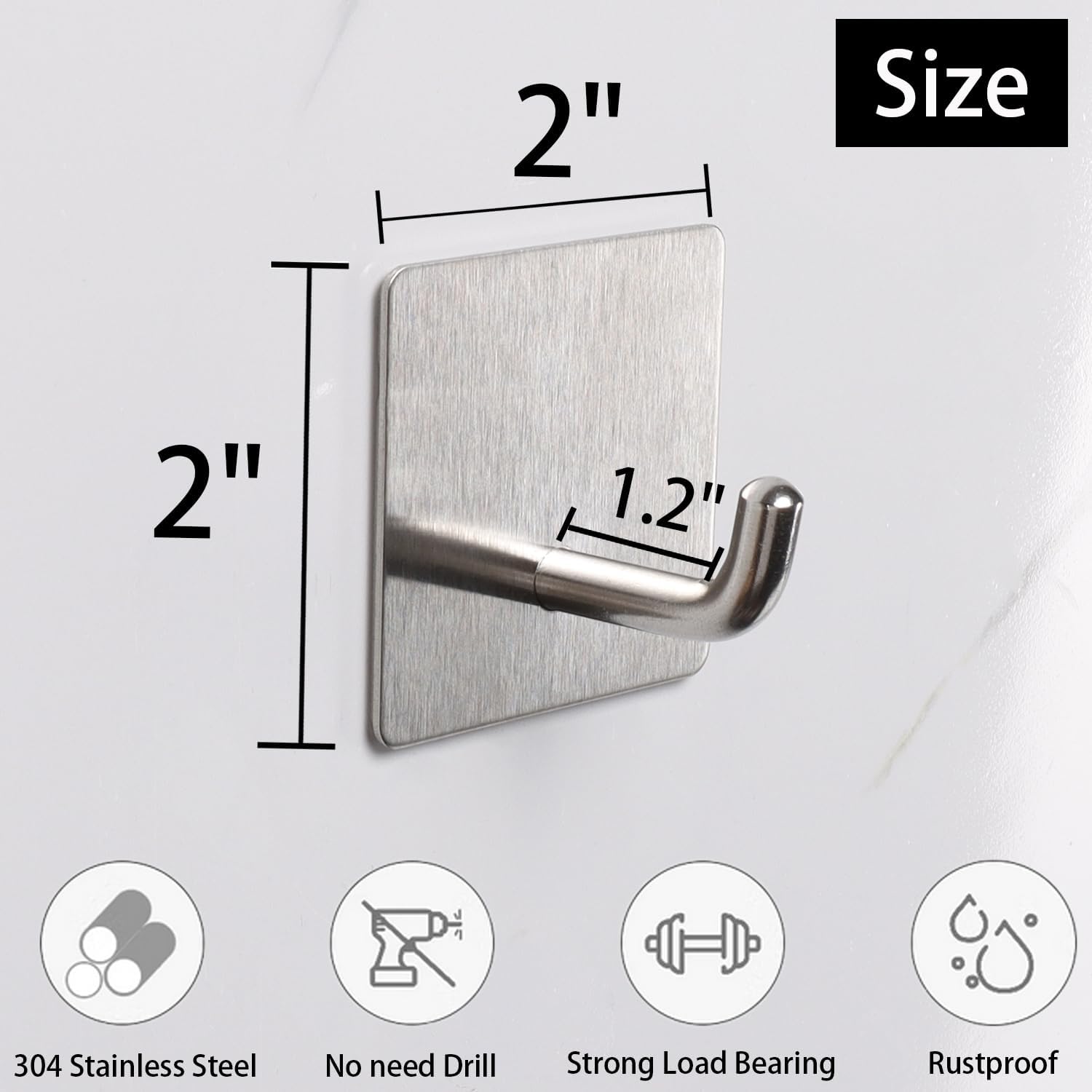 Bath Towel Hooks - 6 Pack Strong Self Adhesive Coat/Clothes Hooks, No Drilling Sticky Hooks, Heavy Duty 304 Stainless Steel Shower Wall Hook for Bathroom Kitchen Bedroom(Brushed Nickel)