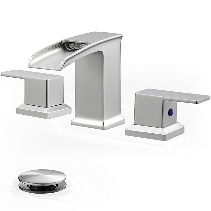 Bathroom Waterfall Faucet, Brass 4-16 Inch Brushed Nickel Faucet Bathroom Widespread 2 Handles Bathroom Sink Faucets 3 Hole with Hoses & Drain